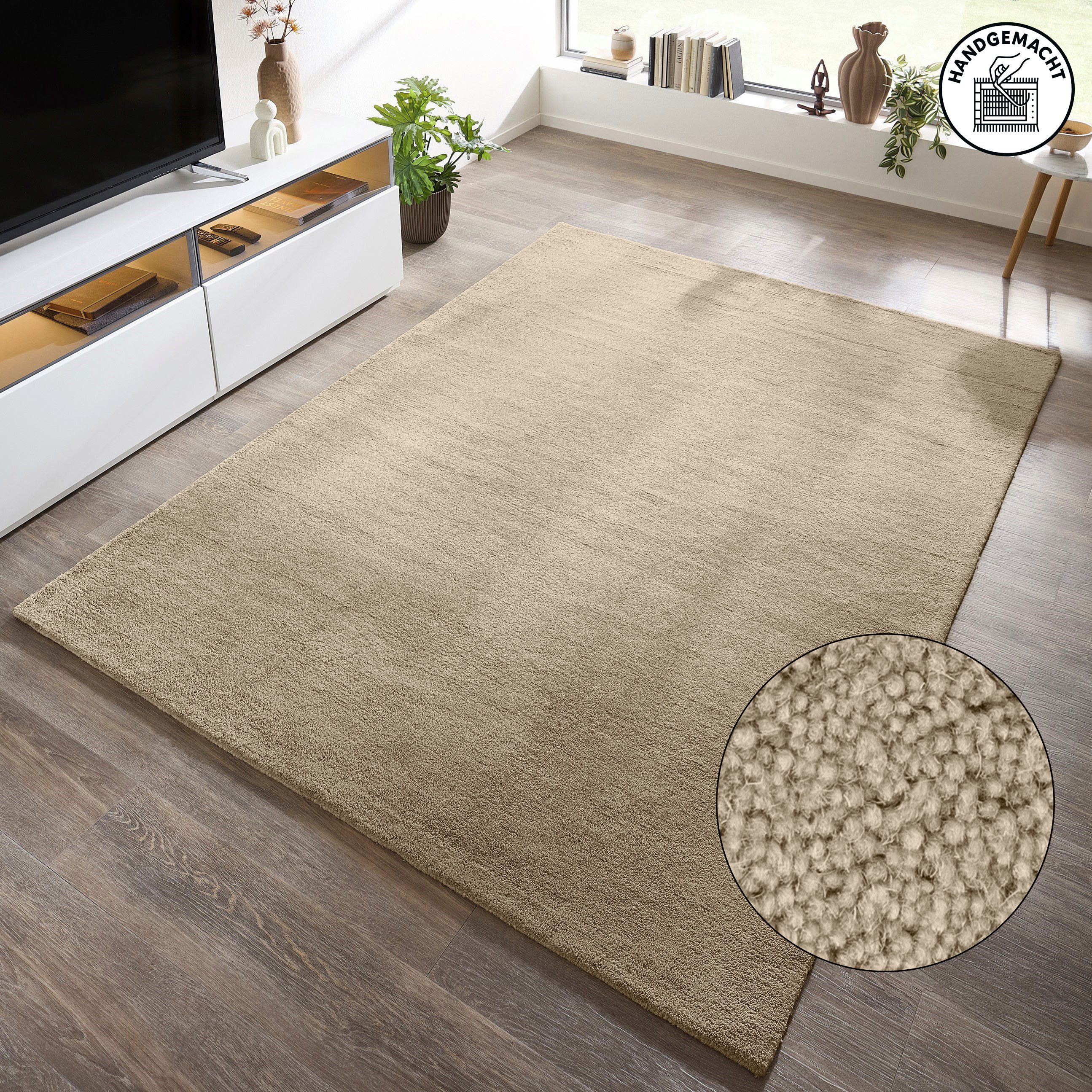 OTTO home Wollteppich Gabbo Natur, Handgefertigt, Teppich, reine Wolle, meliert, rechteckig, Höhe: 14 mm, reine Wolle, Uni, Wohnzimmer, Schlafzimmer, Esszimmer