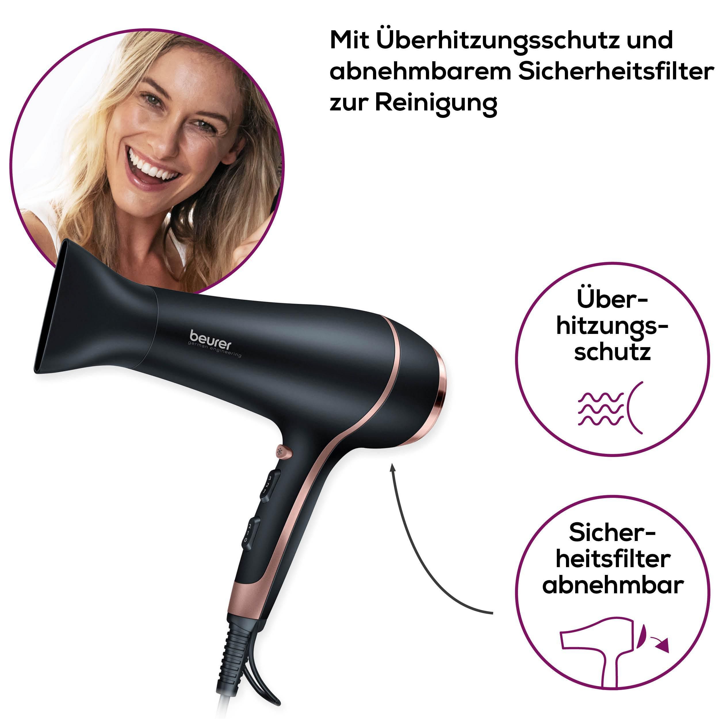 BEURER Haartrockner HC 30 hochwertig verchromter Föhn mit extra starker Leistung, 2200 W, Fixierung des Stylings dank Kaltluftstufe
