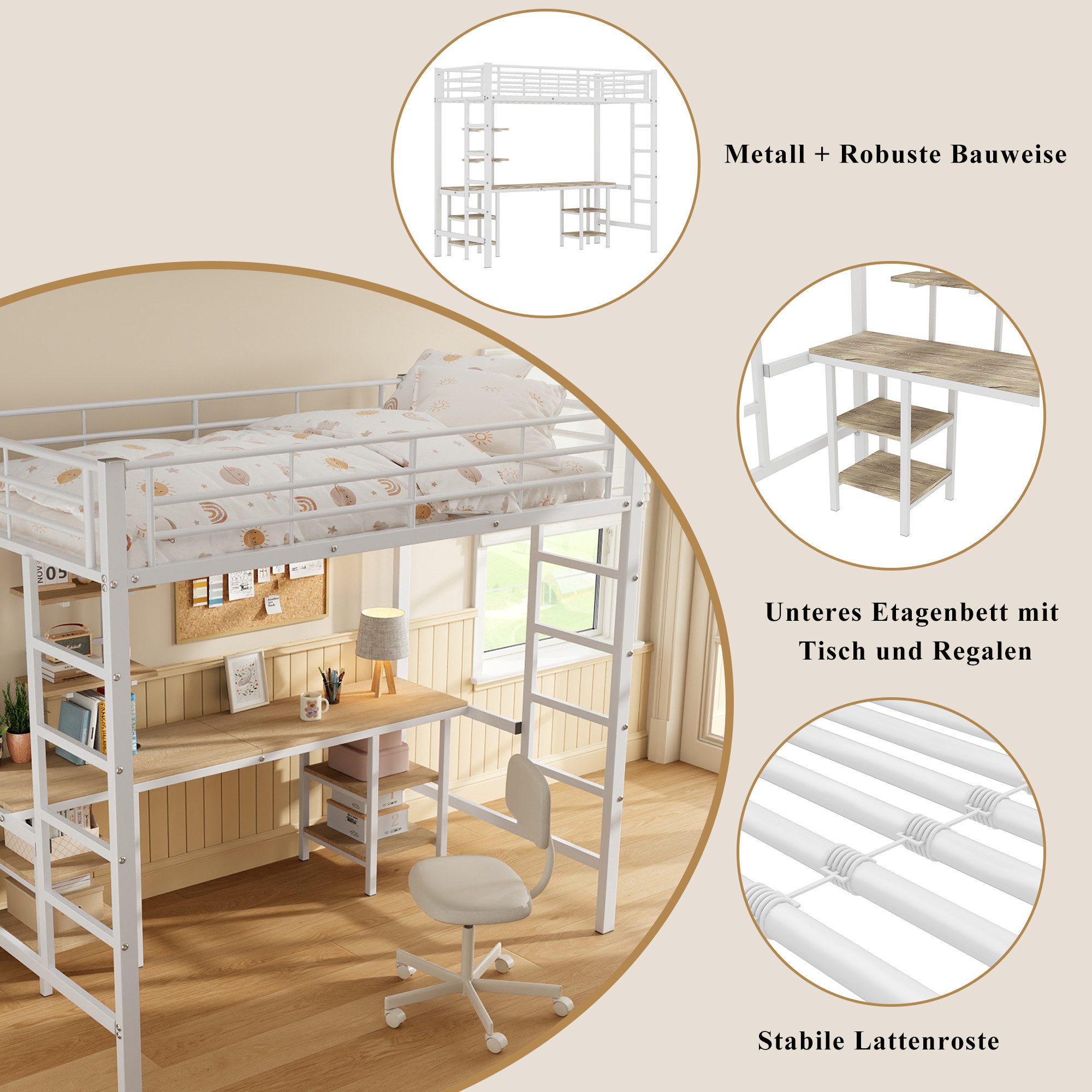 Merax bunk bed with desk and 3 bookshelves, iron bed, loft bed 90x200cm