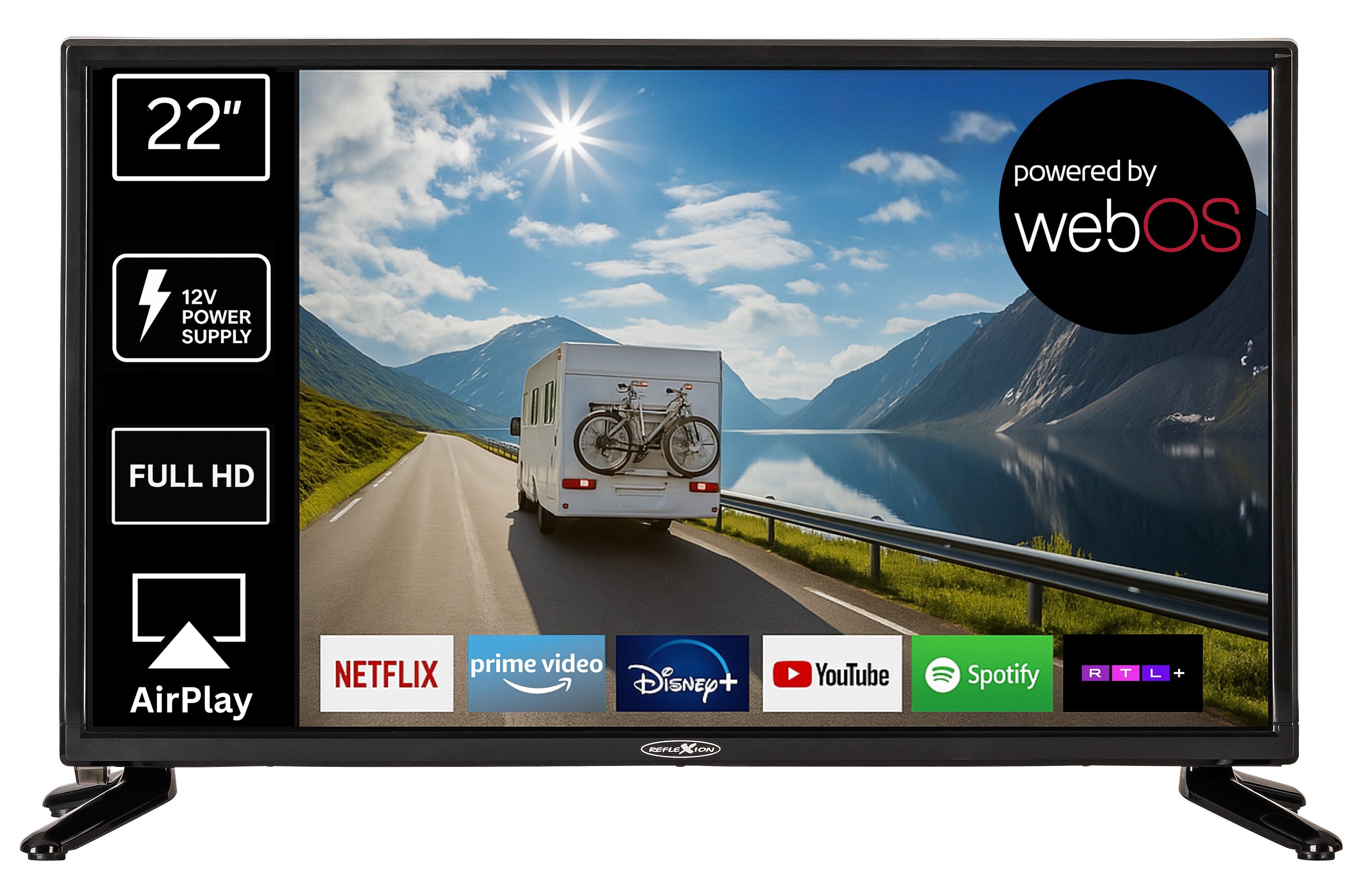 Reflexion LED22IBT LED-Fernseher (55,00 cm/22 Zoll, Full HD, Smart-TV, powered by webOS Hub (LG), DC IN 12 Volt, Netzteil 230 Volt, DVB-T2HD/S2/C, Bluetooth, WLAN)