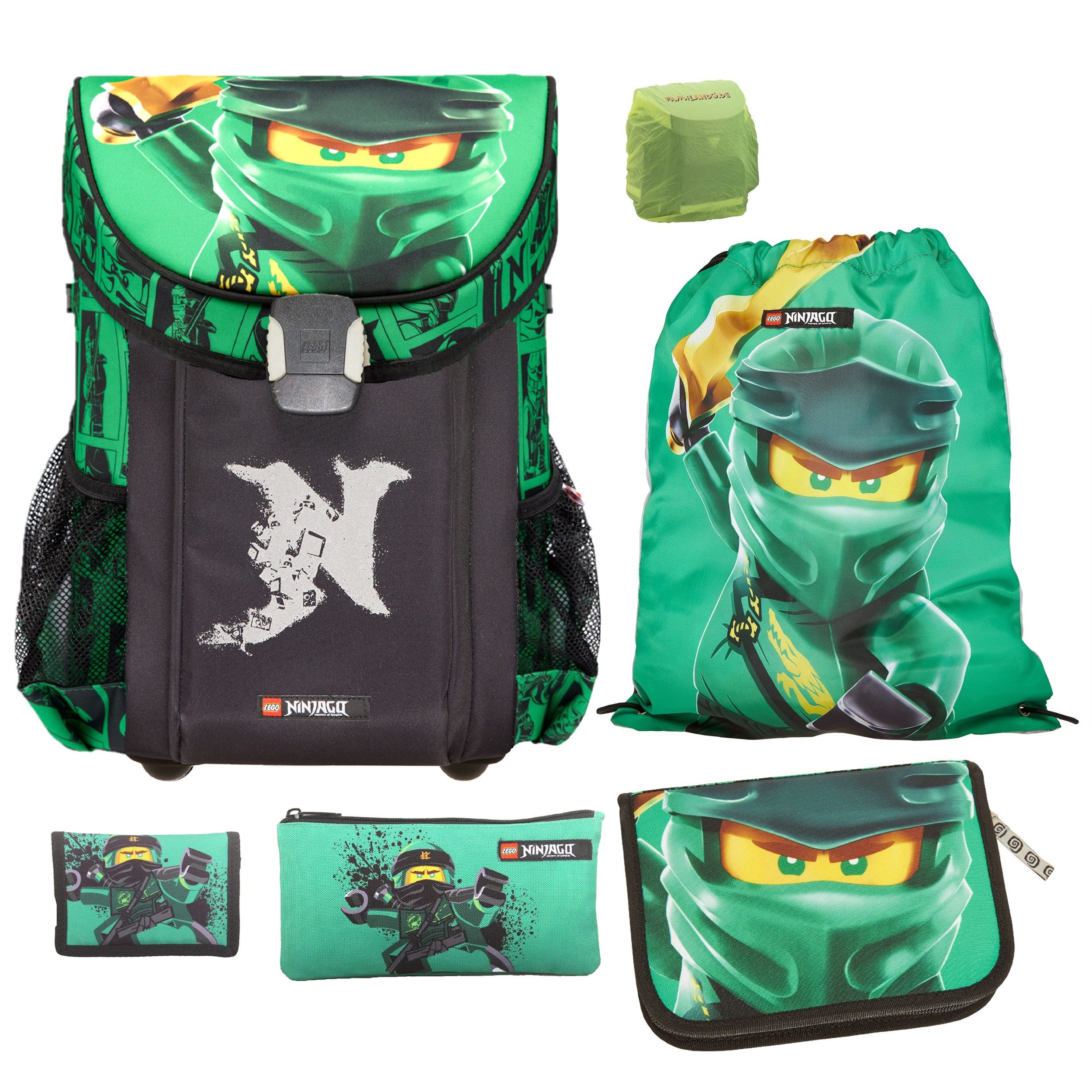 LEGO® Bags Ранцы Lego Ninjago Einschulungs-Set "Easy" mit gefüllter Federmappe (Set, 6-tlg., Grundset mit Federmappe, Schlamper Turn- und Geldbeutel), ab der 1. Klasse, Ultra-Leicht, 16L Volumen, wasserabweisend