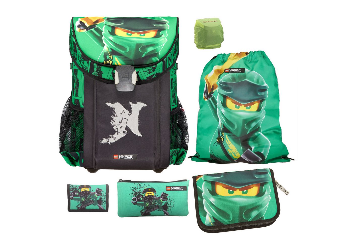 LEGO® Bags Schulranzen Lego Ninjago Einschulungs-Set "Easy" mit gefüllter Federmappe (Set, 6-tlg., Grundset mit Federmappe, Schlamper Turn- und Geldbeutel), ab der 1. Klasse, Ultra-Leicht, 16L Volumen, wasserabweisend