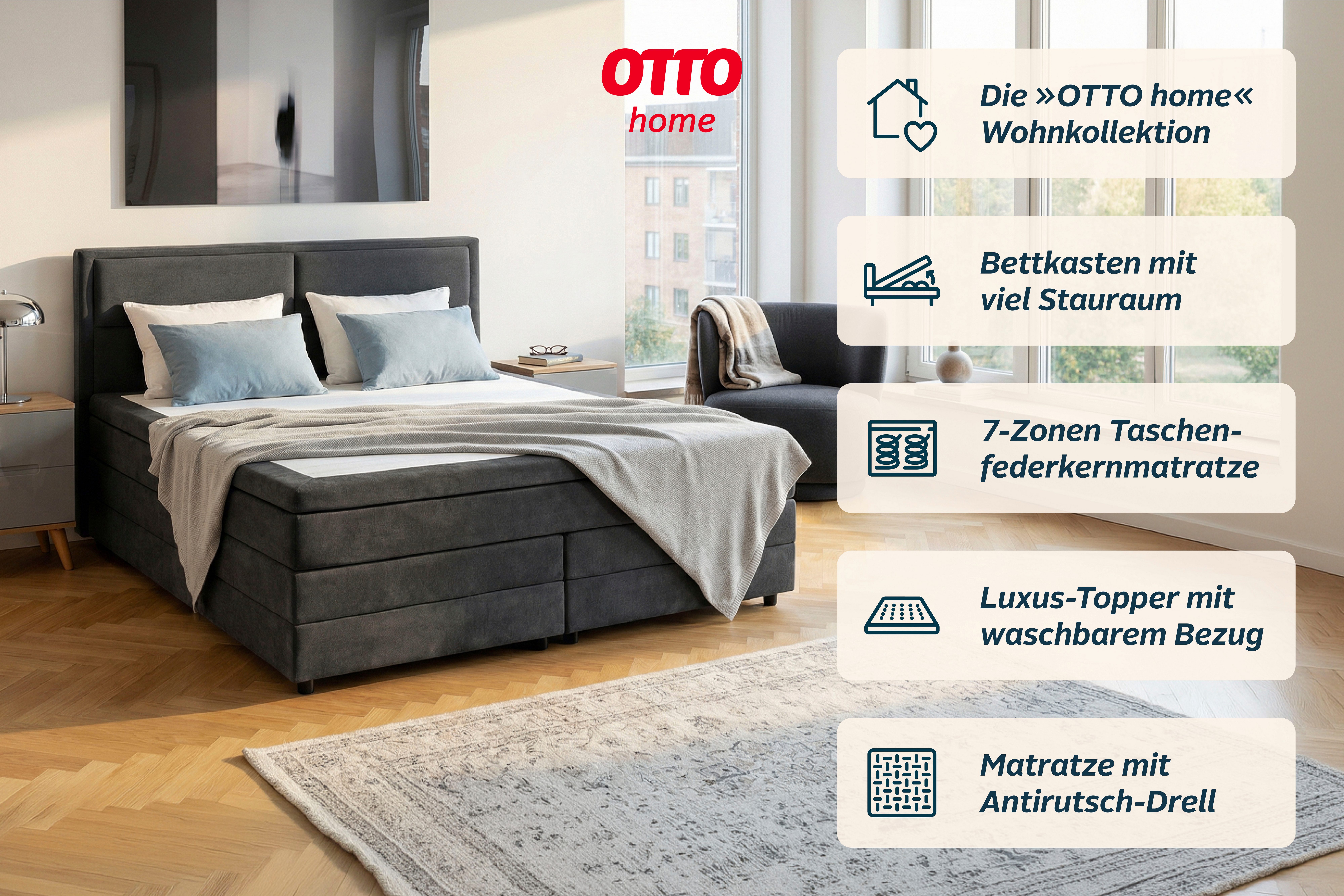 OTTO home Boxspringbett FYNNA Polsterbett mit Bettkasten & 7-Zonen-Taschenfederkernmatratze H3, mit 7 cm Komfortschaum-Topper, Chenille-Bezug, Liegefläche 180x2 – Bild 3 von 5
