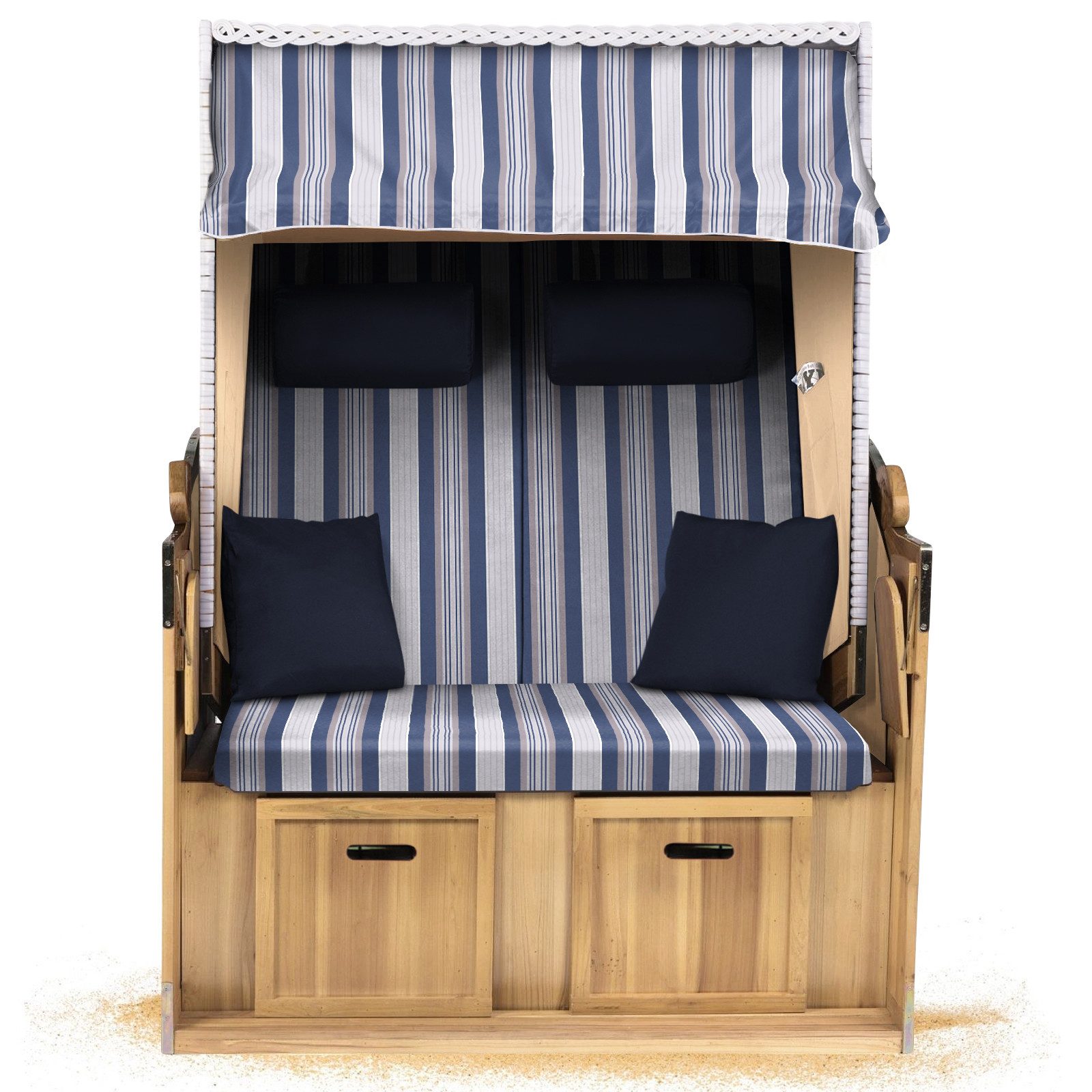 Strandkorb Hanse Strandkorb Strandkorb 2-Sitzer Ostsee Volllieger in Weiß Beige Blau, BxTxH: 120x80x160 cm, Ostsee Volllieger, Ostsee 2-Sitzer Modell 2025, Stabiles Wacholder mit handgefertigtem Polyrattangeflecht