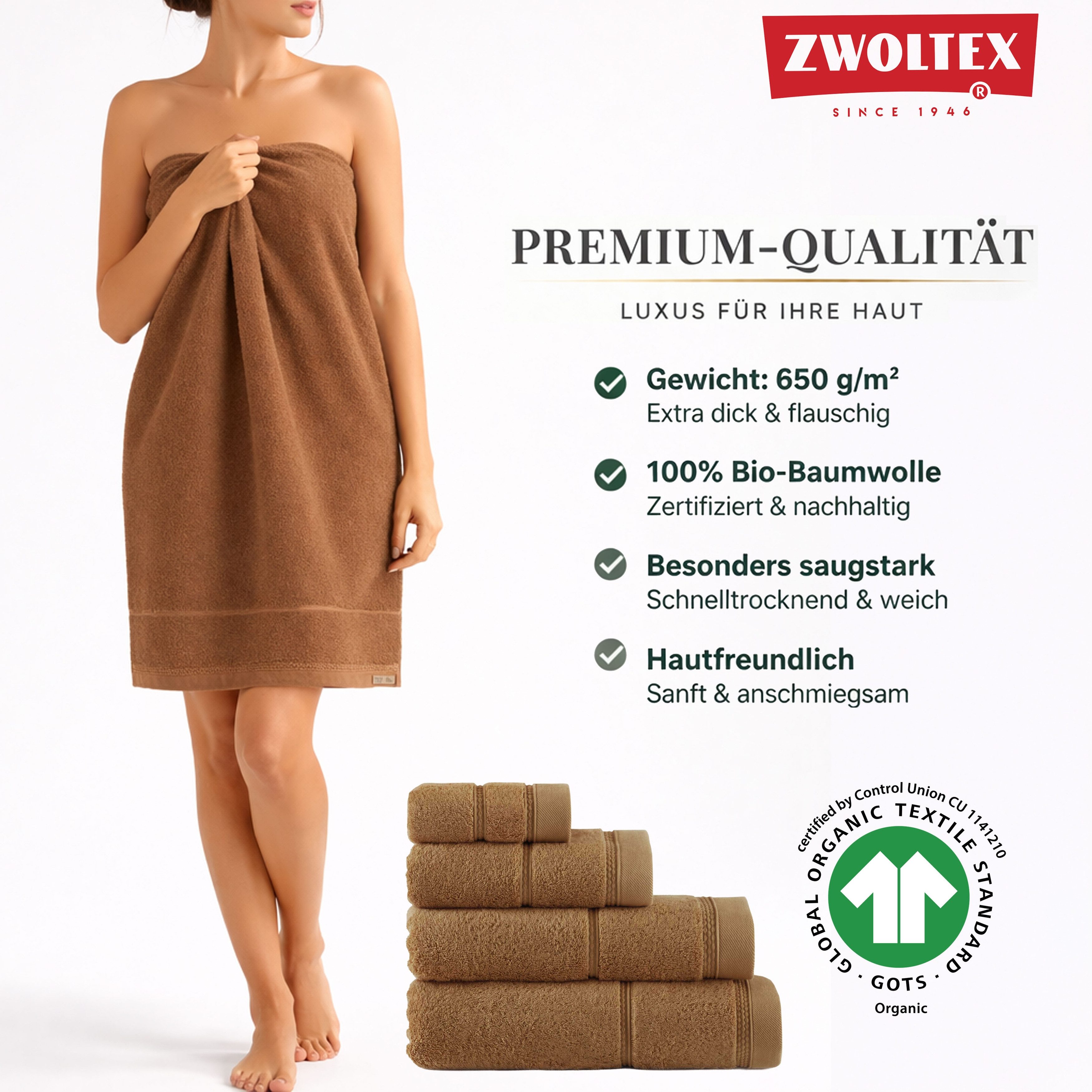 Zwoltex Handtücher 650g/m² dickes Handtuch Set weich saugstark Baumwolle Braun, (GOTS Bio Baumwolle OEKO-TEX zertifiziert Handtücher 2x50x100), Sehr angenehme Haptik durch dicke Baumwollqualität