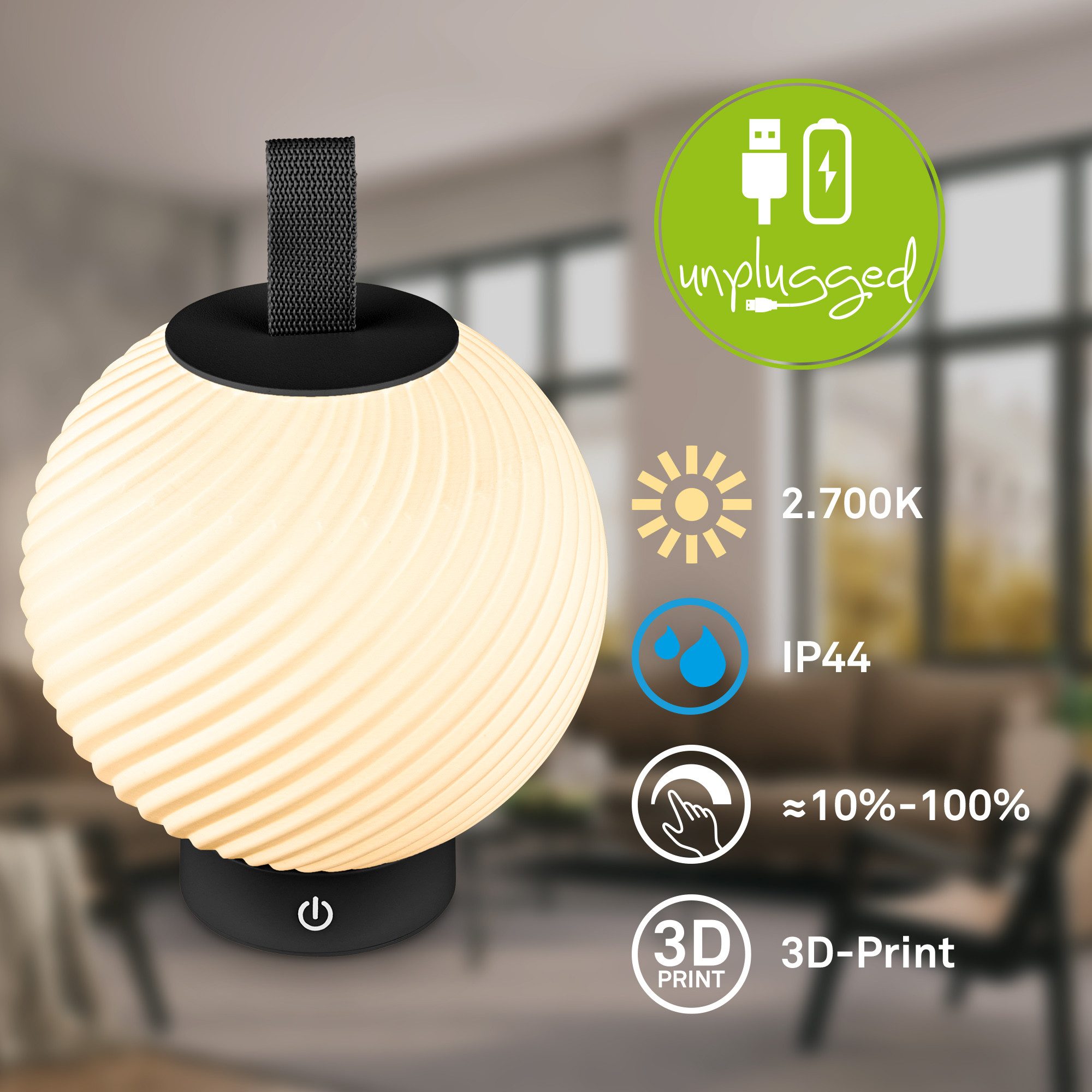 Briloner Leuchten LED Tischleuchte Design 3D-Druck Tischlampe kabellos Akku USB-C Touch dimmbar, LED wechselbar, 2700K, Akku tauschbar, Indoor/Outdoor, Wohnzimmer, Balkon