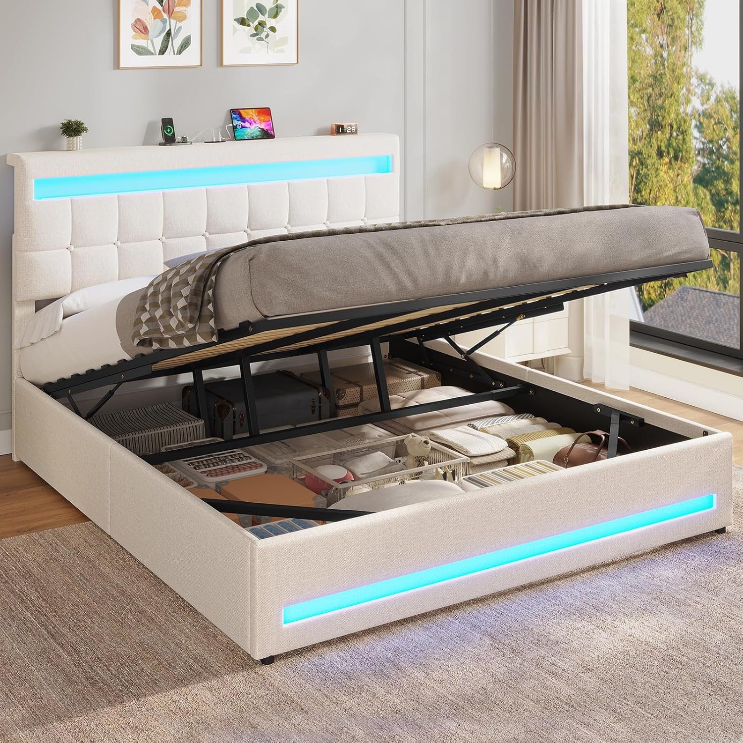 MSMASK Polsterbett Hydraulisches Stauraumbett mit höhenverstellbarem Kopfteil (Ohne Matratze), Funktionsbett, Jugendbett mit LED-Beleuchtung und Ladeanschlüssen