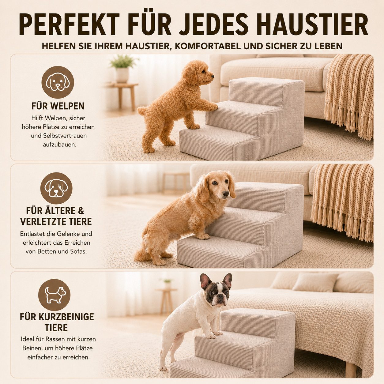Muralo Haustiertreppe Hundetreppe für Kleine Hunde (1-St), 3 Stufen, Belastbar bis 17 kg, Cord Stoff Bezug, Waschbar
