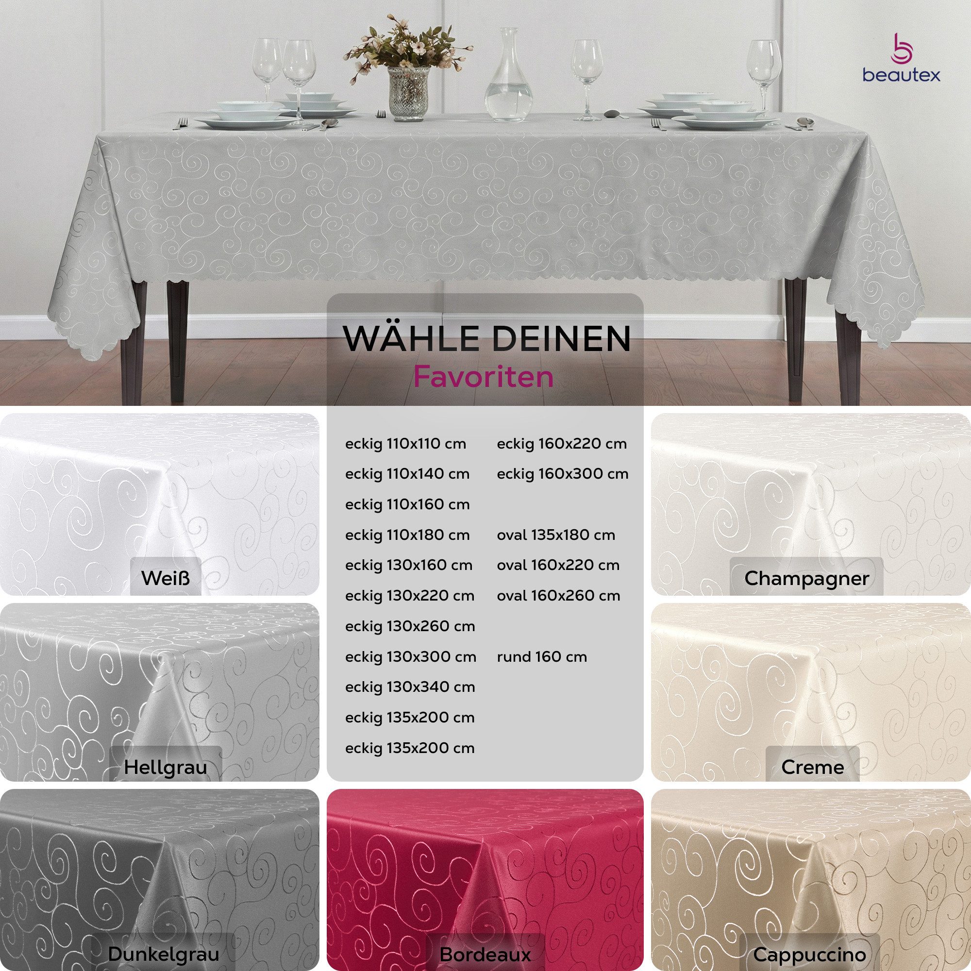 Beautex Tischdecke Damast Ornamente bügelfrei fleckenabweisend pflegeleichte Tischwäsche (1-tlg), Lotuseffekt, Formstabil, Strapazierfähig, Eleganter Glanz, Kni – Bild 5 von 5