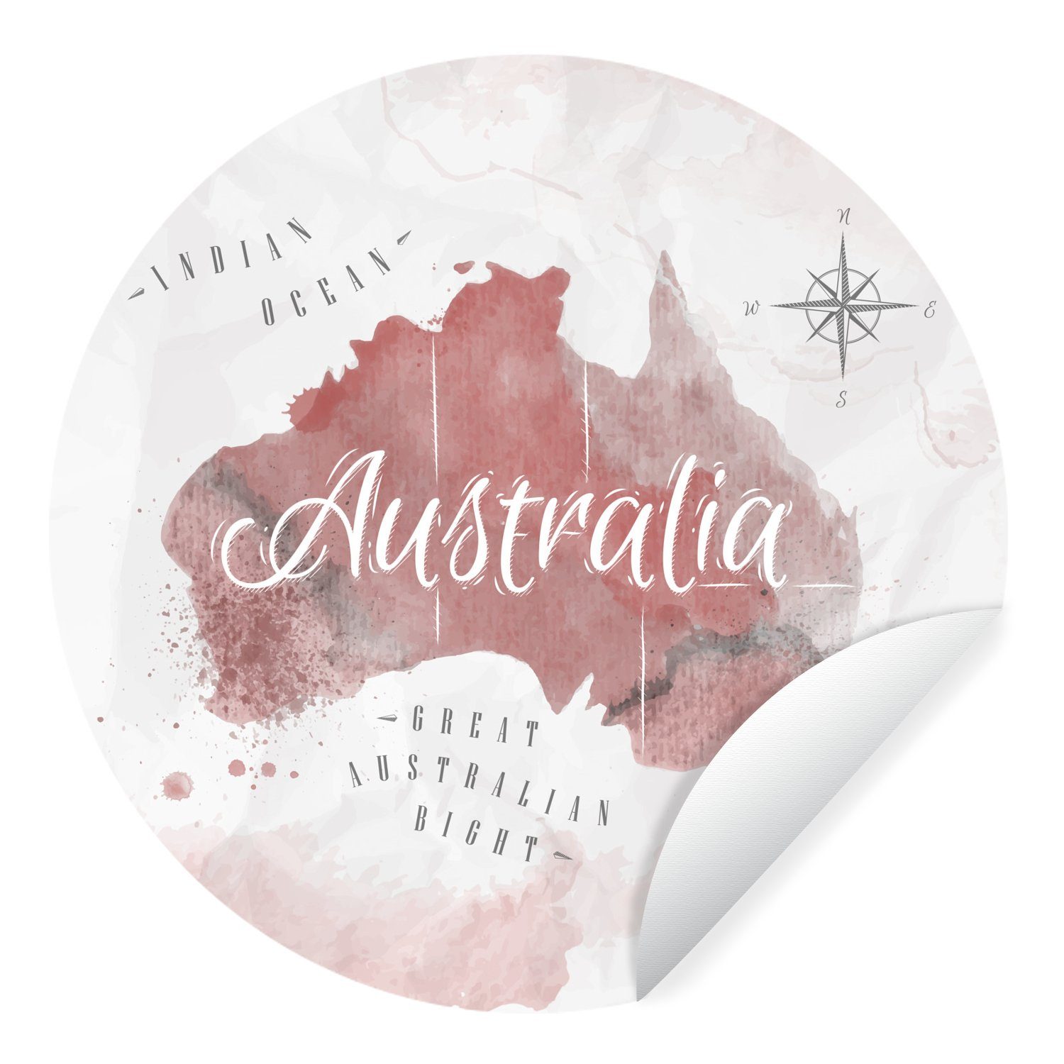 MuchoWow Wandsticker Karte - Australien - Aquarell - Kompass (1 St), Tapetenkreis für Kinderzimmer, Tapetenaufkleber, Rund, Wohnzimmer