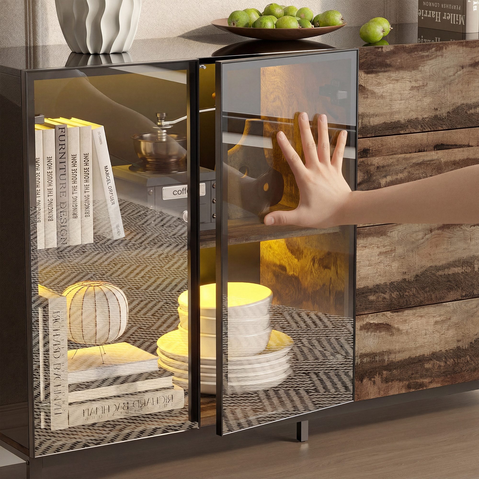 FUFU&GAGA Sideboard Highboard 160cm Vitrine mit LED, Glasvitrine Sideboard, Holz