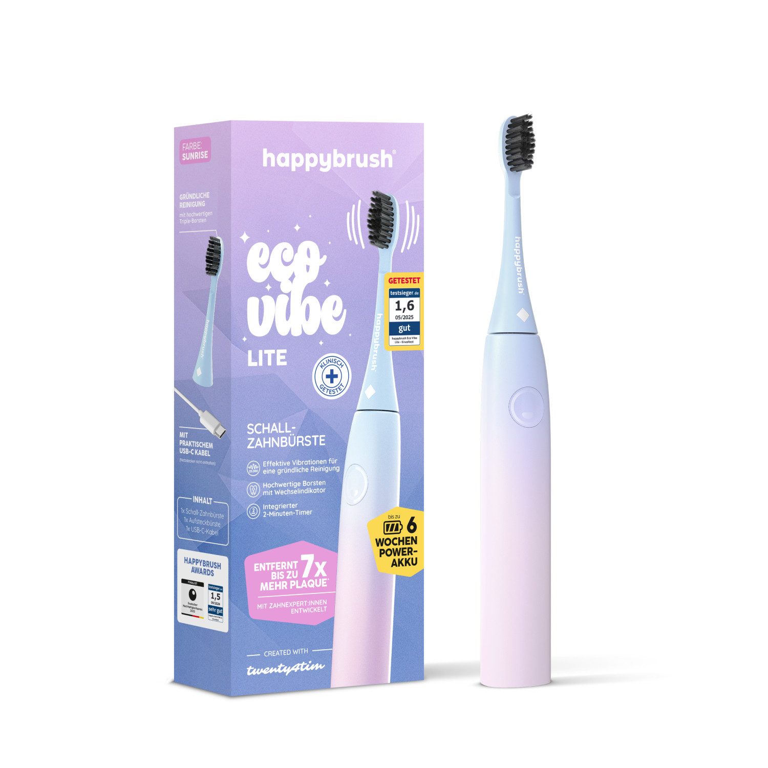 happybrush Schallzahnbürste Eco Vibe 3 Lite - 100 Tage Probeputzen - 8 Wochen Power Akku, Aufsteckbürsten: 1 St., Eco Vibe 3, 3 individuelle Putz-Modi, Schalltechnologie