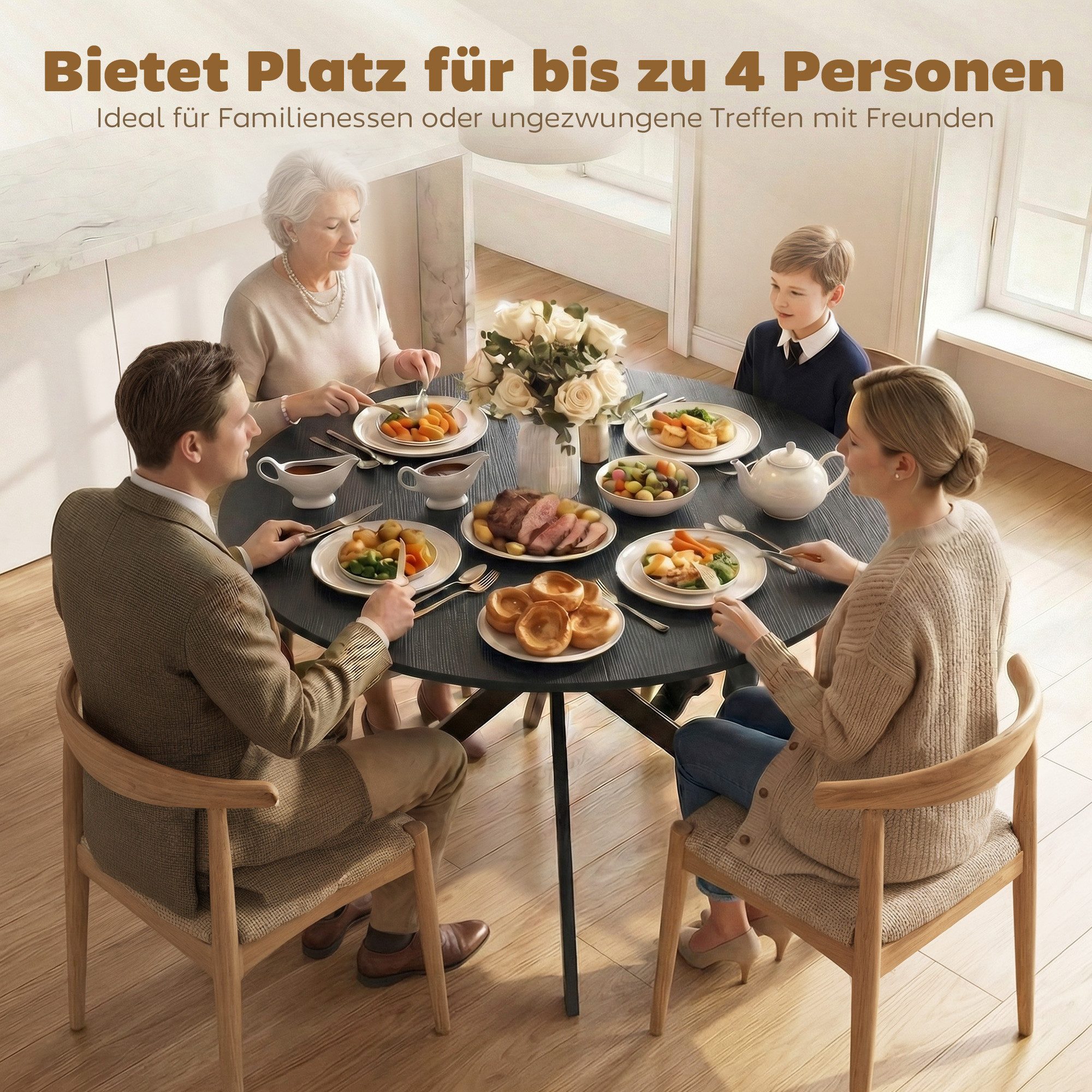 HOMCOM Esstisch Küchentisch im Industriestil mit Stahlbeinen für 4 Personen (für Esszimmer, Küche, Wohnzimmer, 1-St., rund, 100 x 100 x 75 cm), Schwarz – Bild 5 von 5