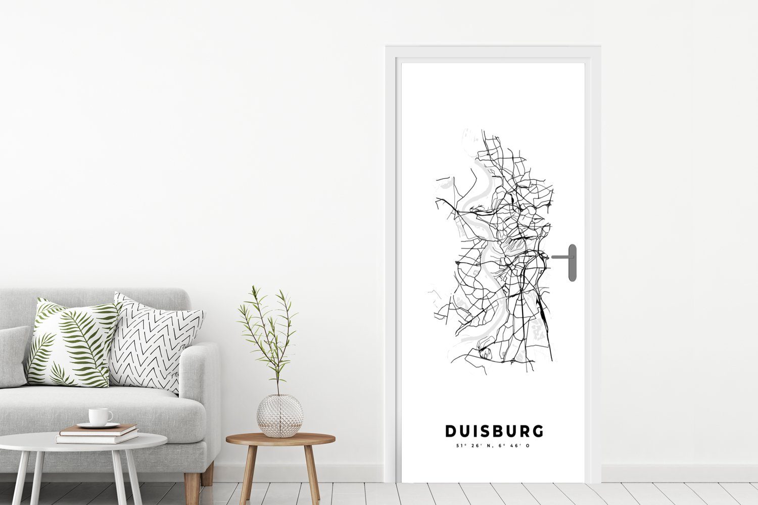 Duisburg Stadtplan Türaufkleber, - 75x205 St), (1 Türtapete MuchoWow weiß, Fototapete für Deutschland Matt, - Karte Tür, und cm - Schwarz bedruckt, -