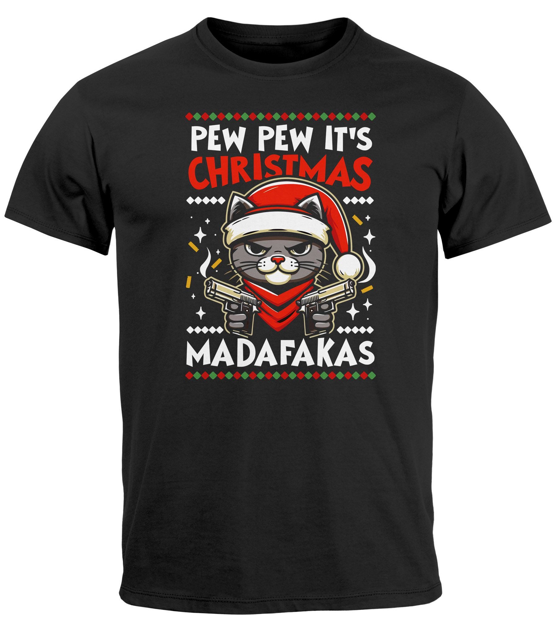 Print-Shirt Herren T-Shirt Weihnachten PewPew Madafakas Katze Weihnachtsshirt