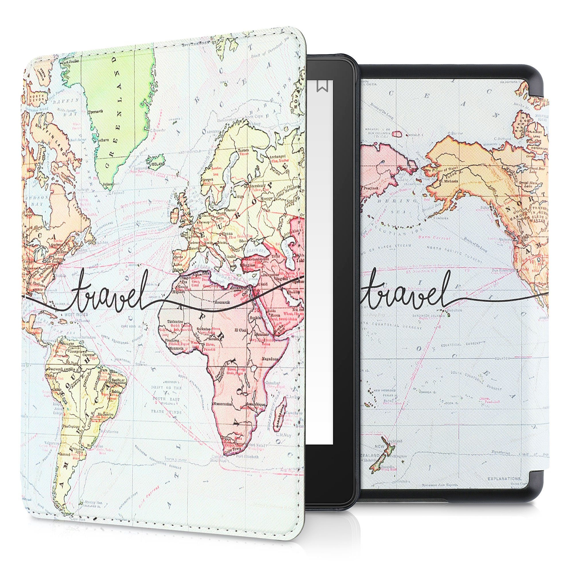 kwmobile E-Reader-Hülle Klapphülle für Amazon Kindle Paperwhite 11. Generation Hülle, eReader Case Travel Schriftzug Design Schwarz Mehrfarbig