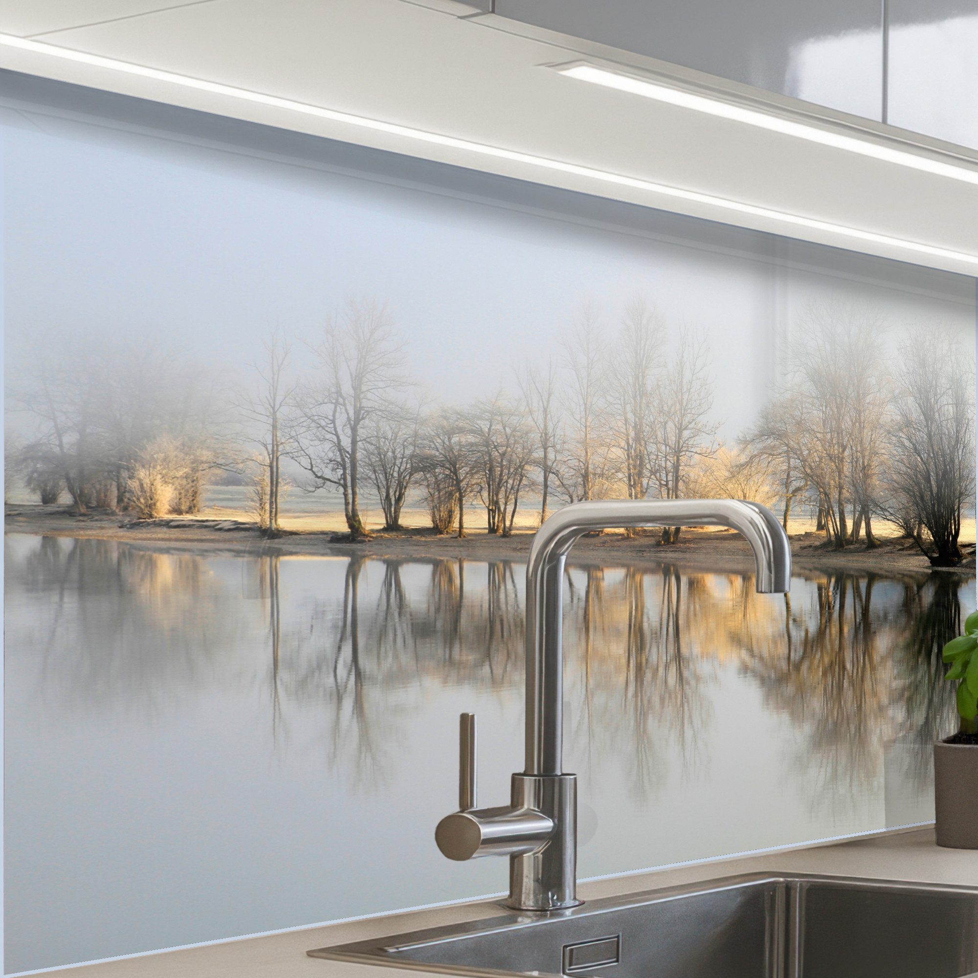 KitchenYeah Küchenrückwand Muster selbstklebend (keine Folie) Wasser - Bäume - Natur - Landschaft, (1-tlg), Spritzschutz, Küche, Rückwand, Küchenwand, Küchenfront, 30x20 cm