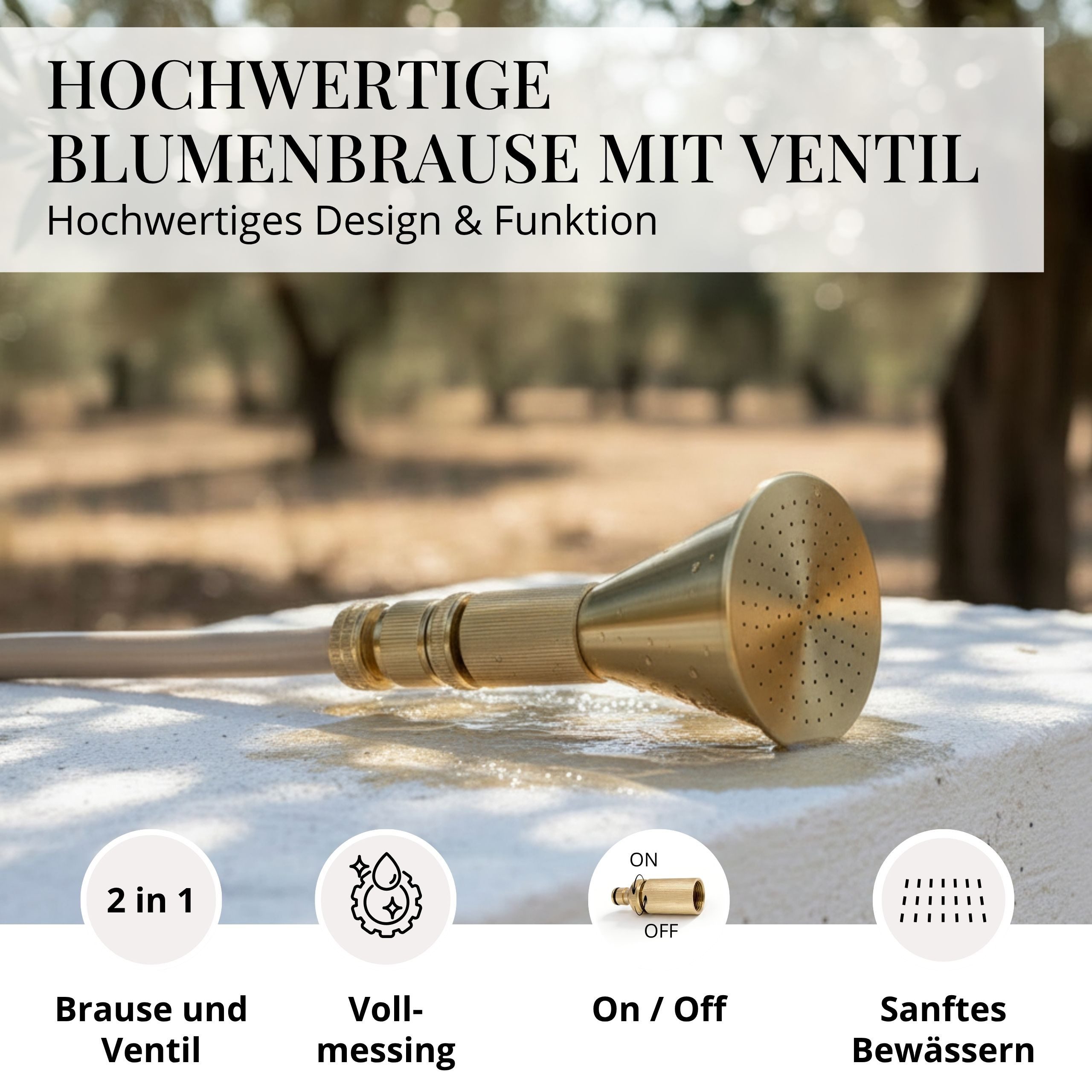 LIVLIG Bewässerungsbrause Golden Blumenbrause aus Messing mit Drehventil, (2-teiliges Set (Blumenbrause + Durchflussregler), 1/2 Zoll Anschluss), Hochwertiges Messing