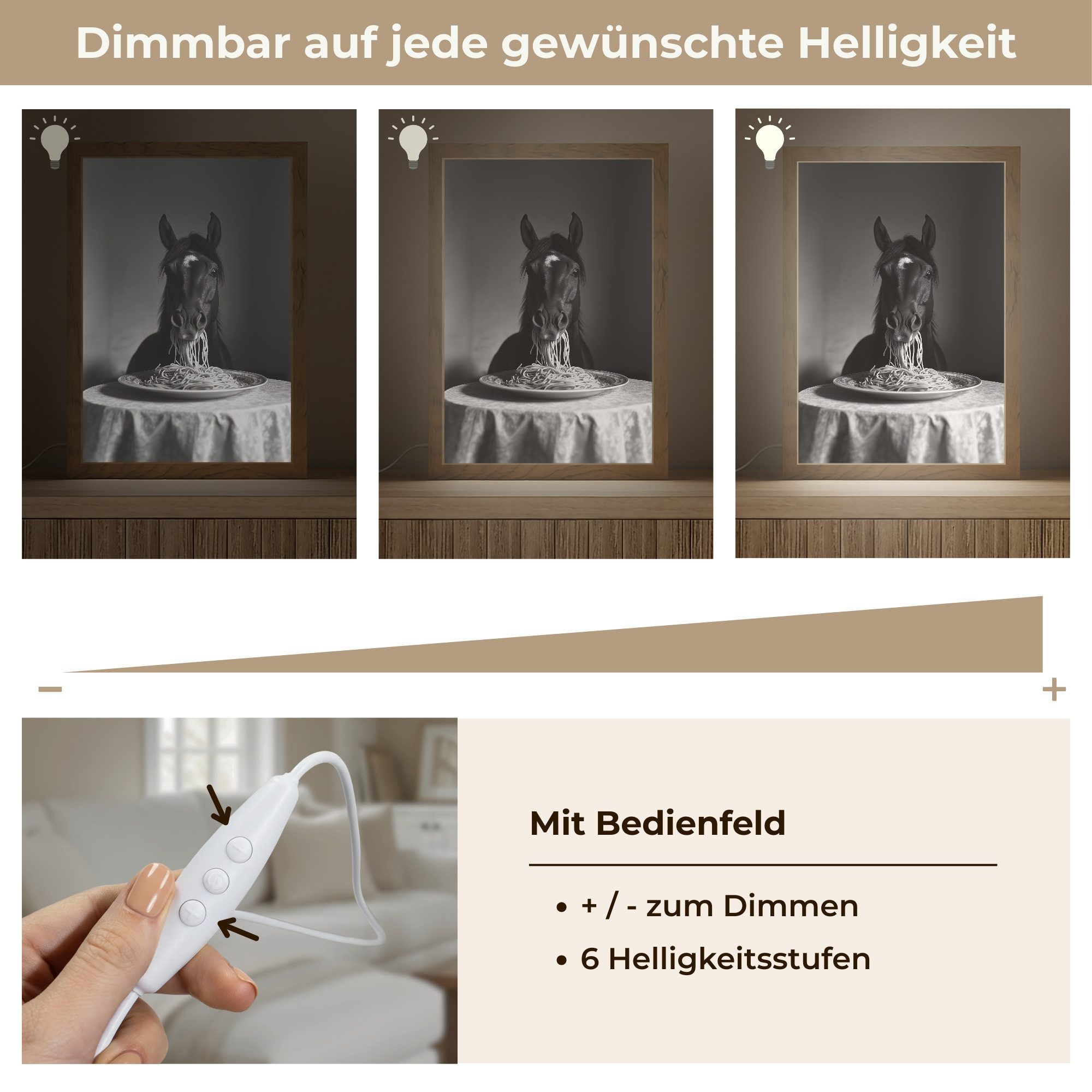 OnlyWow Wandleuchte Lightbox Pferd - Teller - Pasta - Tischtuch - Schwarz und weiß - Tiere, Dimmbar, Farbwechsel, LED, Warmweiß, Kaltweiß, Neutralweiß Einstellbar, Wandlampe Innen, Dimmbar, mit Kabel, LED, Beleuchtung, Wohnzimmer