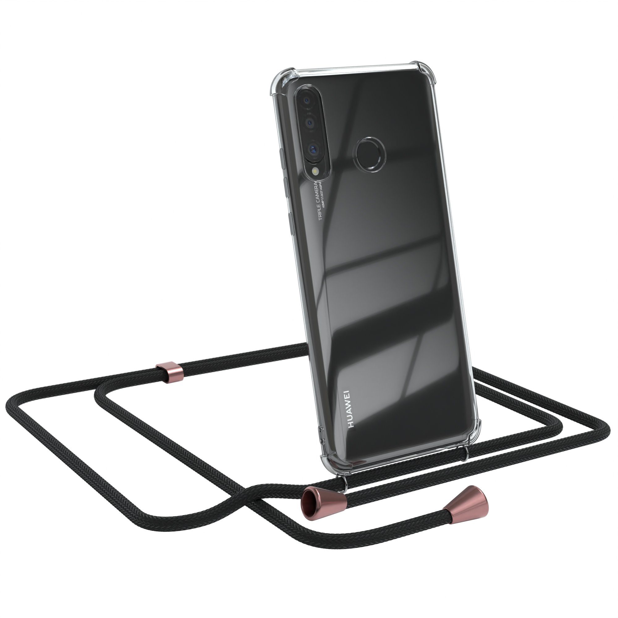 EAZY CASE Handykette Hülle mit Kette für Huawei P30 Lite 6,15 Zoll, Handykordel Smartphonekette für Unterwegs Festivalbag Schwarz Rosé