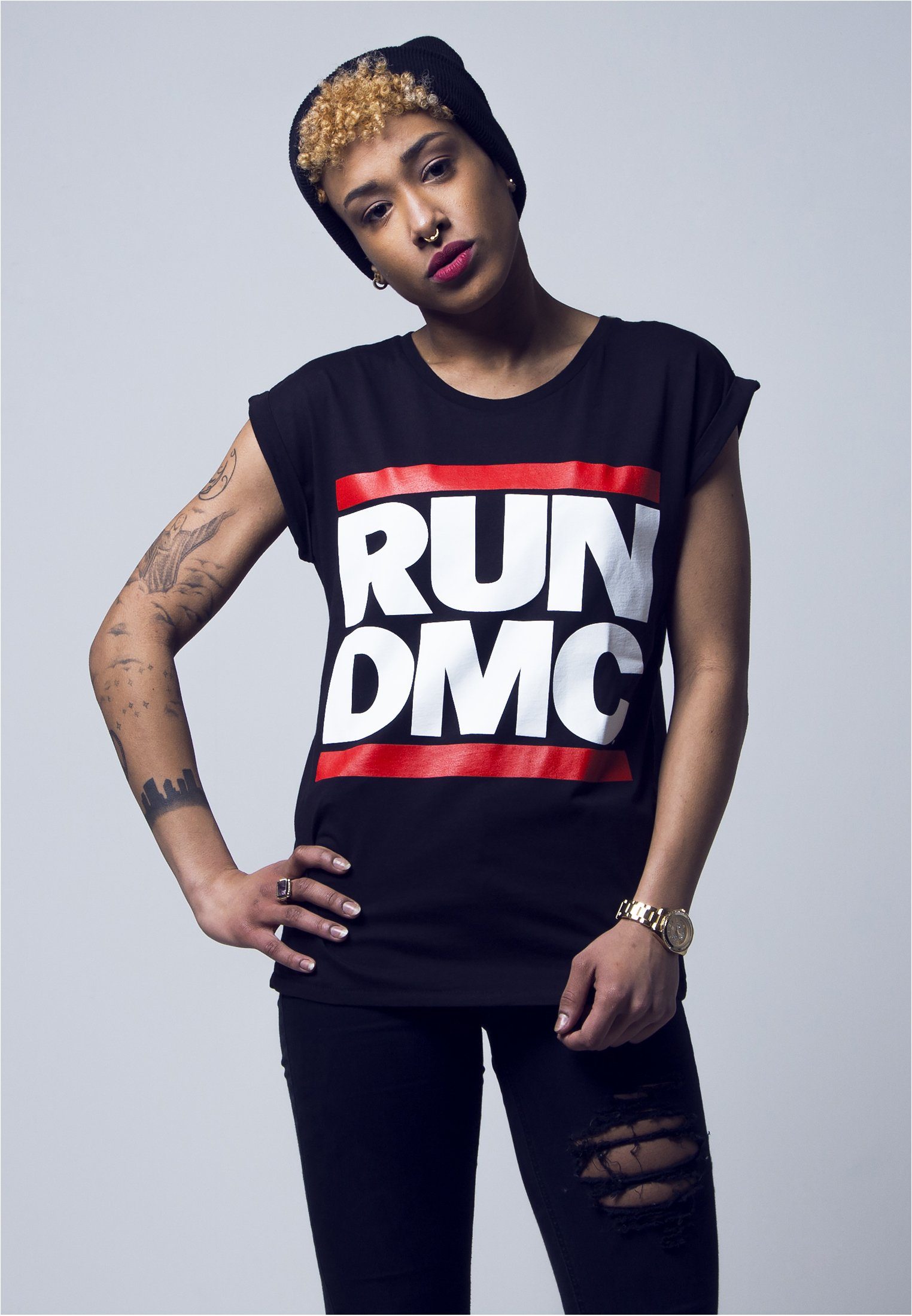 Run black Tee DMC MisterTee Logo (1-tlg) Run Kurzarmshirt DMC Damen MT261 Ladies