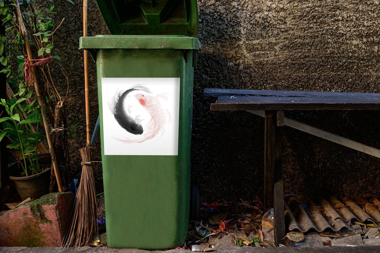 St), Wandsticker des Fischen Yang Yin MuchoWow Sticker, Container, Eine Mülltonne, Mülleimer-aufkleber, (1 Logos und mit Abfalbehälter Illustration