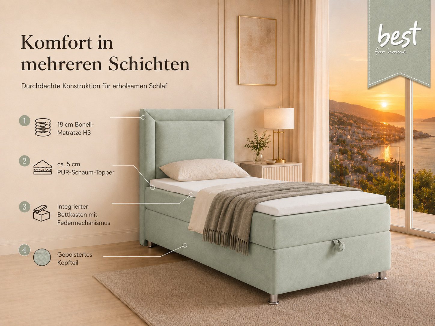 Best for Home Boxspringbett Trinity K-3 SINGLE mit Bettkasten & ca. 5 cm Topper (Einzelbett, Polsterbett mit gepolstertes Kopfteil, Jugendbett, Kinderbett versch. Größen, 3-St., 70x200 80x200 90x200 100x200 cm), Einzel-Boxspringbett mit integriertem Bettkasten