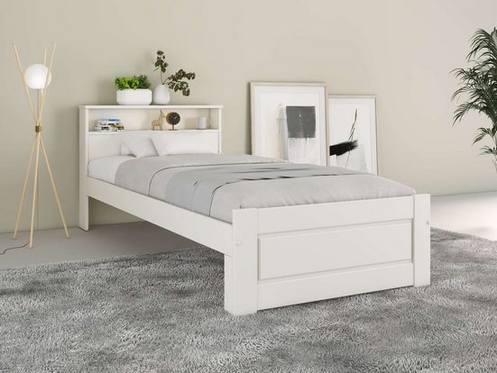 HOME AFFAIRE Bett FLAVION (Schublade optional), Regal im Kopfteil,zertifiziertes Massivholz,Kassettenoptik - Einrichtungsbesipiel
