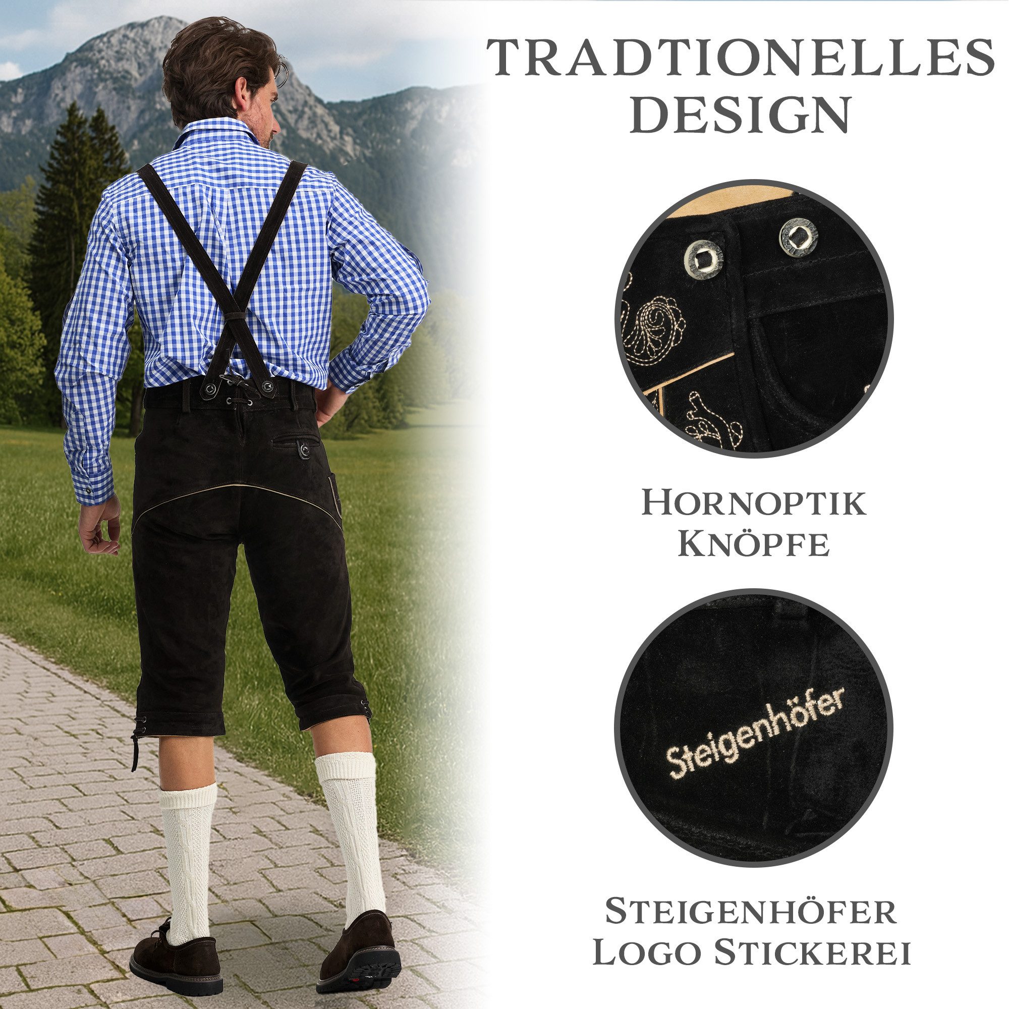 Steigenhöfer Manufaktur Trachtenlederhose Lederhose Herren Tracht Kniebund - Alexander - 100% Rindsleder (Inklusive verstellbarer Träger) Traditionelle Echtlederhose - Ideal für Dein Oktoberfest Herren Outfit