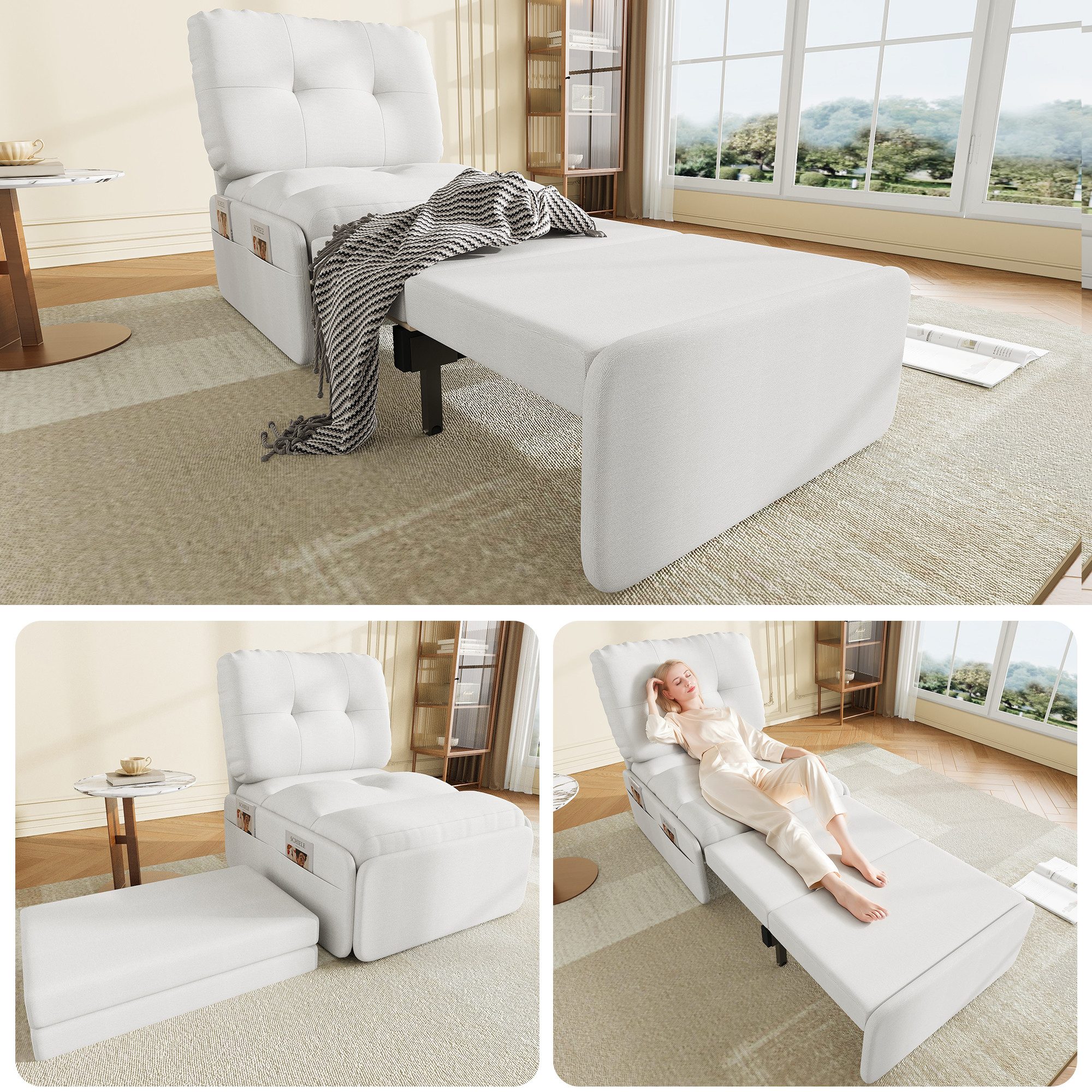 Flieks Schlafsofa Daybett 2-in-1 Multifunktional Einzelsofa, 1 Teile, ausziehbar Einzelsessel Schlafsessel mit Bettfunktion Leinenstoff Weiß