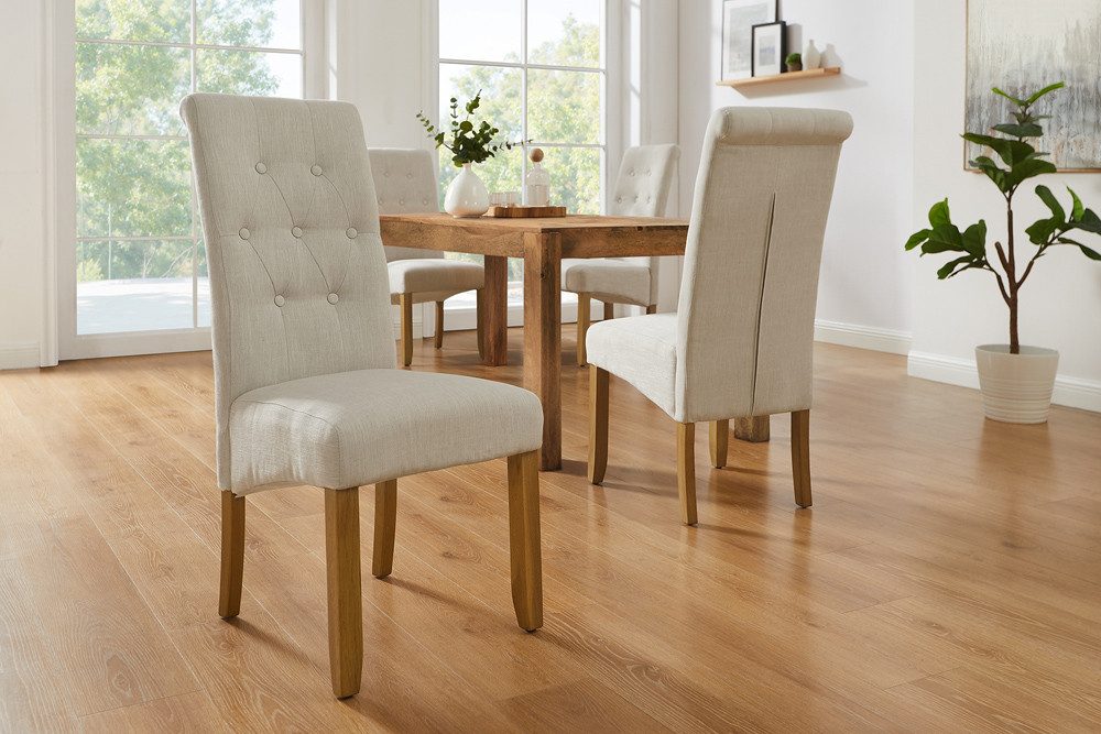 riess-ambiente Esszimmerstuhl CASA beige - Leinen, Massivholzbeine, mit Zierknöpfen und Nackenrolle (Einzelartikel, 1 St), Polsterstuhl mit Ziersteppung - ideal für Küche, Wohn- und Essbereich