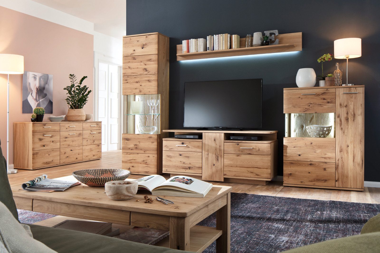 Empinio24 TV-Bank Santa Fe, Breite 150 cm, Eiche teilmassiv bianco, mit 3 Türen und 2 Fächern