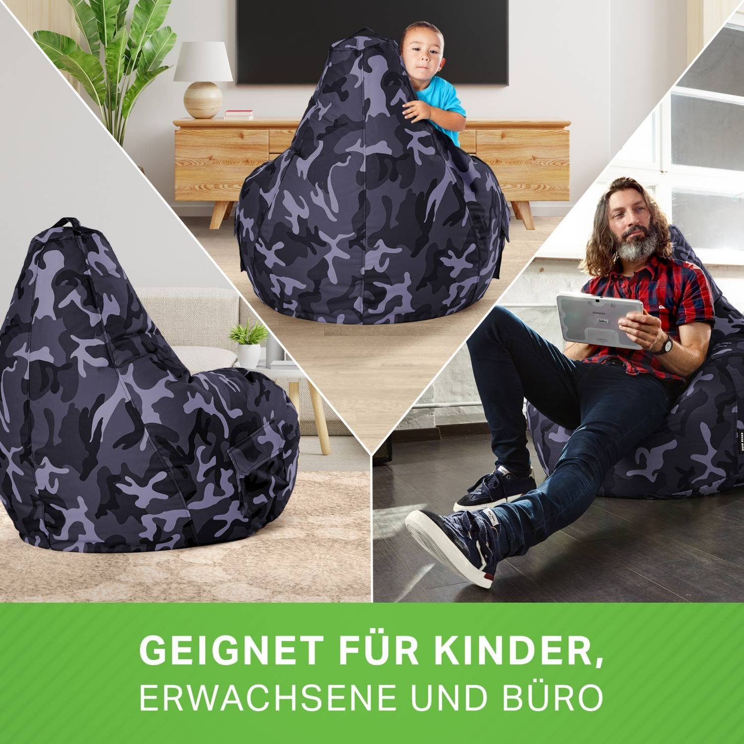 Green Bean Sitzsack Gaming Sitzsack + Hocker Cozy+Cube (2er Set Sitzsack + Hocker - fertig befüllt - robust waschbar schmutzabweisend -, Kinder & Erwachsene Bean Bag Bodenkissen), Lounge Sitzhocker Relax-Sessel Gamer Gamingstuhl Pouf