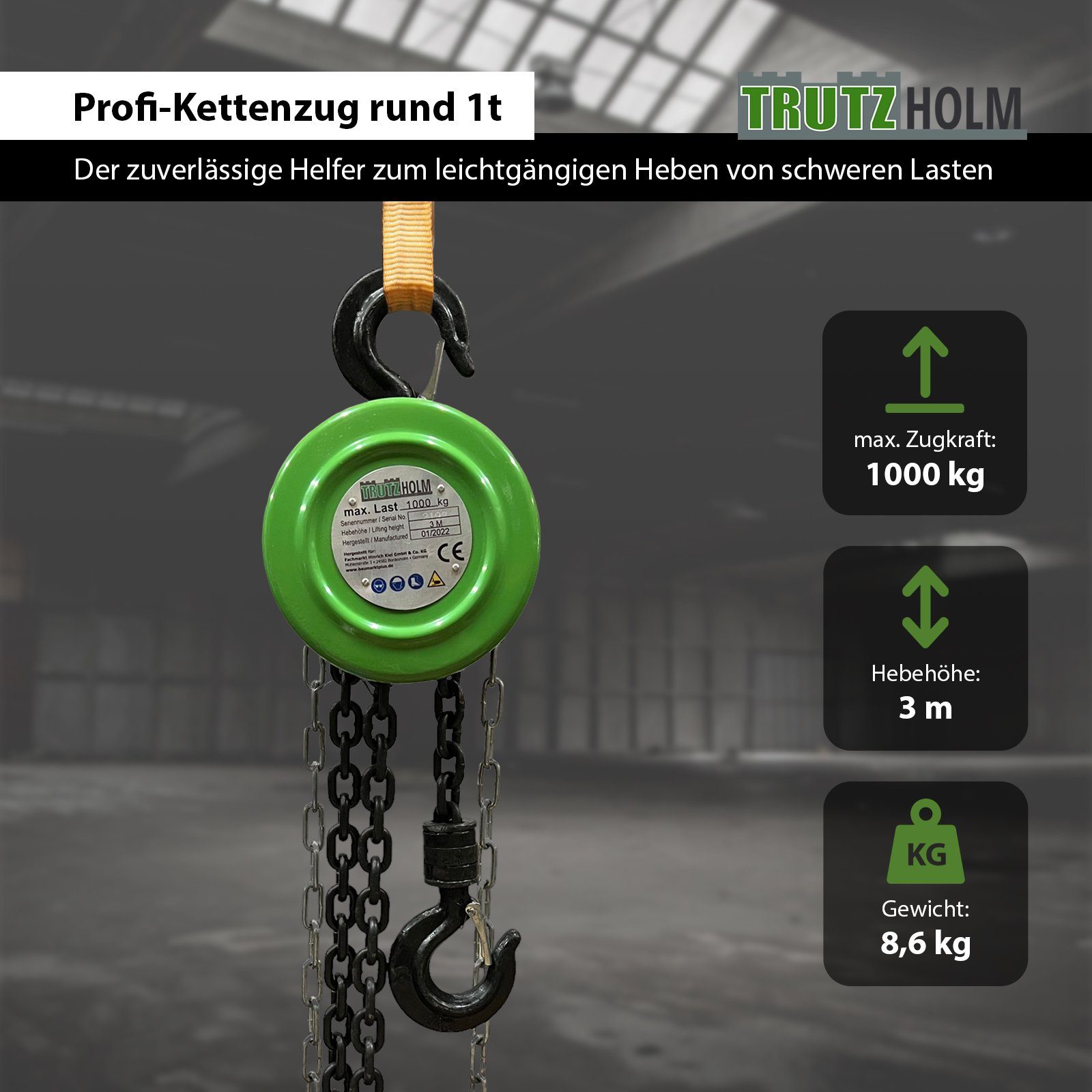 TRUTZHOLM Kettenzug rund 1t Tragkraft 3 m Hubhöhe HSZ Flaschenzug Hebezug Seilzug, (Produkt, 1 St), Blockiersystem,Einzelbremse