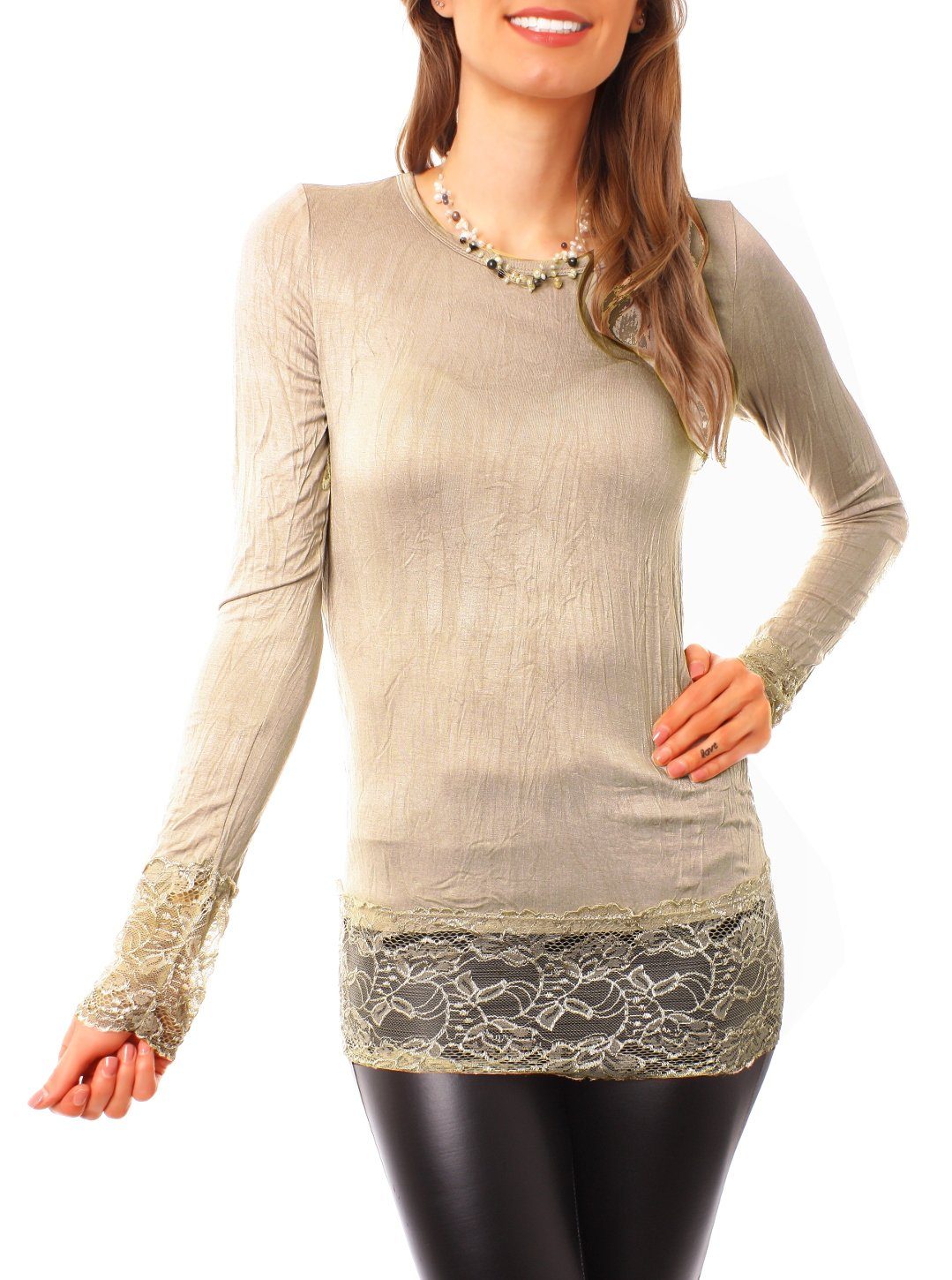 Muse Rundhalsshirt Langarm Longshirt mit Spitzensaum 0998 günstig online kaufen