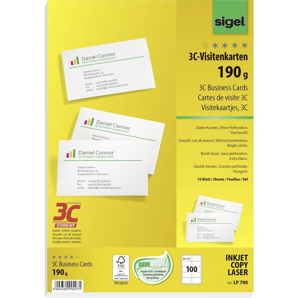 Sigel Visitenkarten Sigel LP790 Bedruckbare Visitenkarten, glatte Kanten 85 x 55 mm Hochwe | Papier