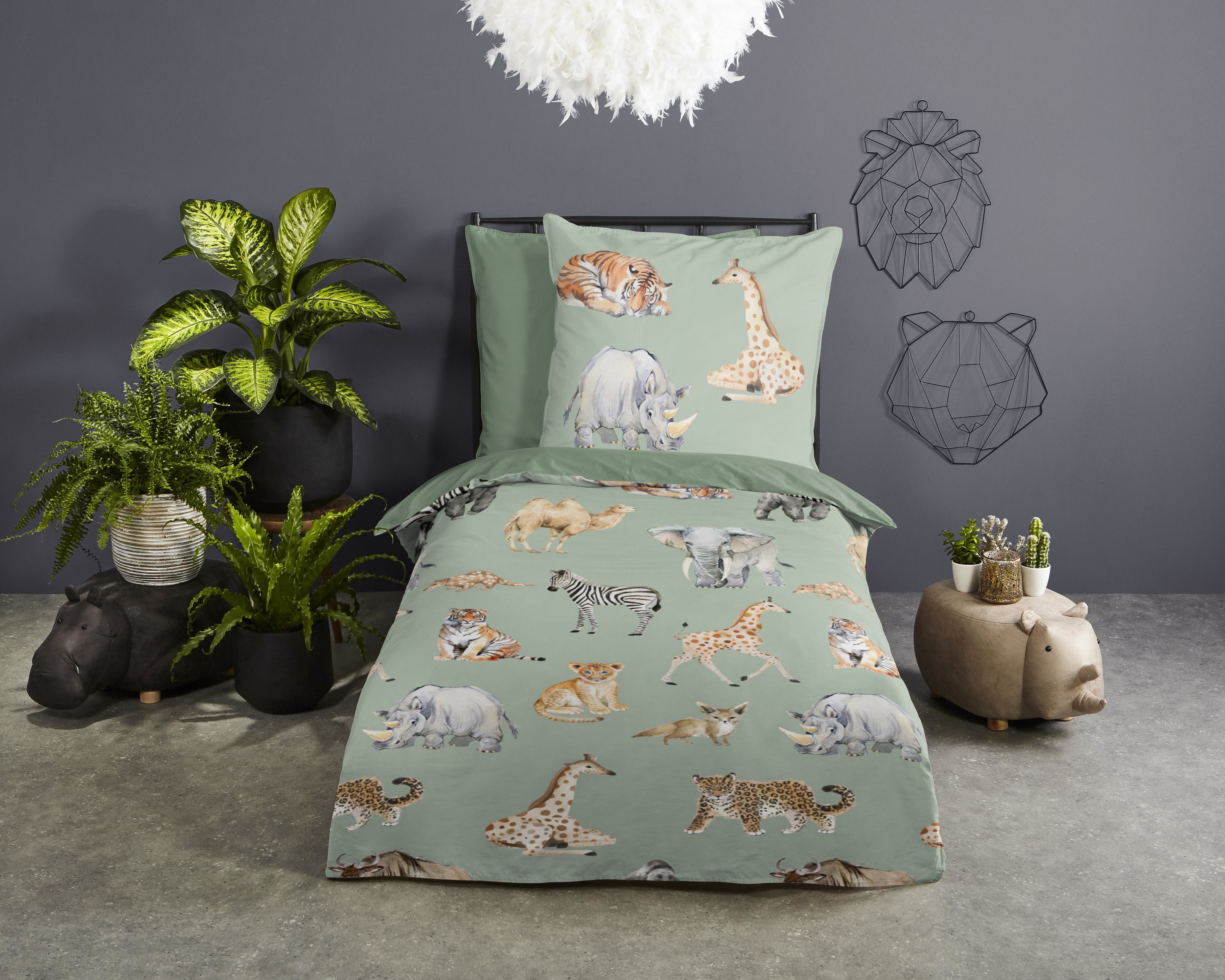 PURE luxury collection Kinderbettwäsche Safari, Microfaser, 2 teilig, Mikrofaser, 135x200, Pflegeleicht, Wendeoptik, Kind, Tier, Tiere, Grün – Bild 2 von 5