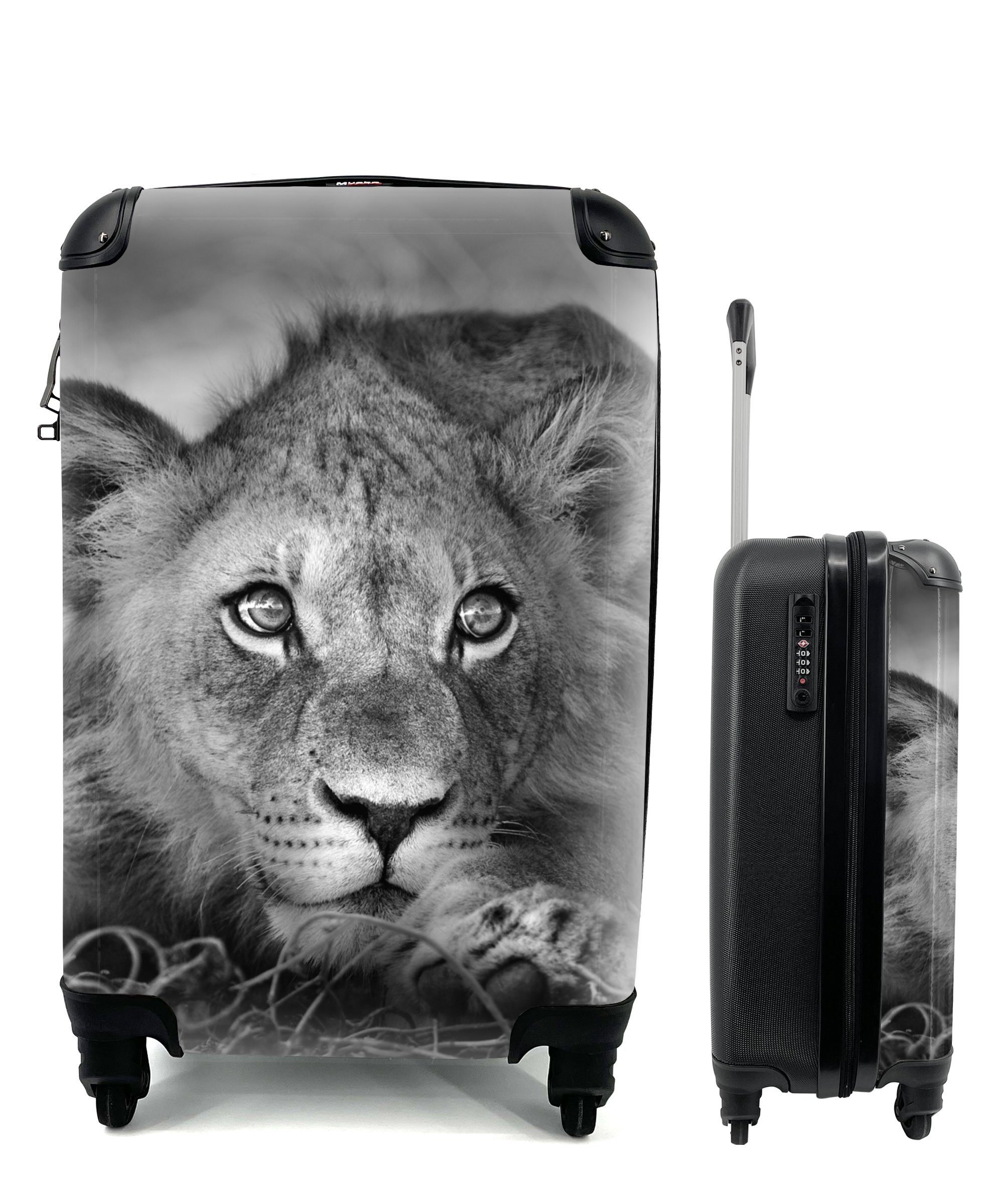 - - für Ferien, MuchoWow rollen, Rollen, Reisetasche Trolley, mit 4 - Wildtiere Löwe Schwarz Handgepäck Reisekoffer Handgepäckkoffer Natur Weiß, -