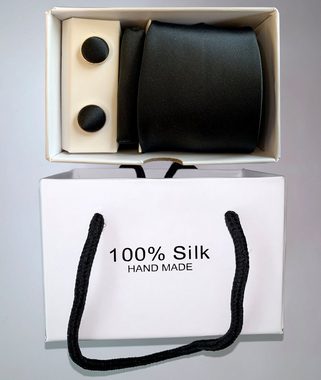 Lasernauten Krawatte Schwarze Krawatte 100% Seide mit Einstecktuch und Manschettenknöpfen Set aus Krawatte, Einstecktuch und Manschettenknöpfen
