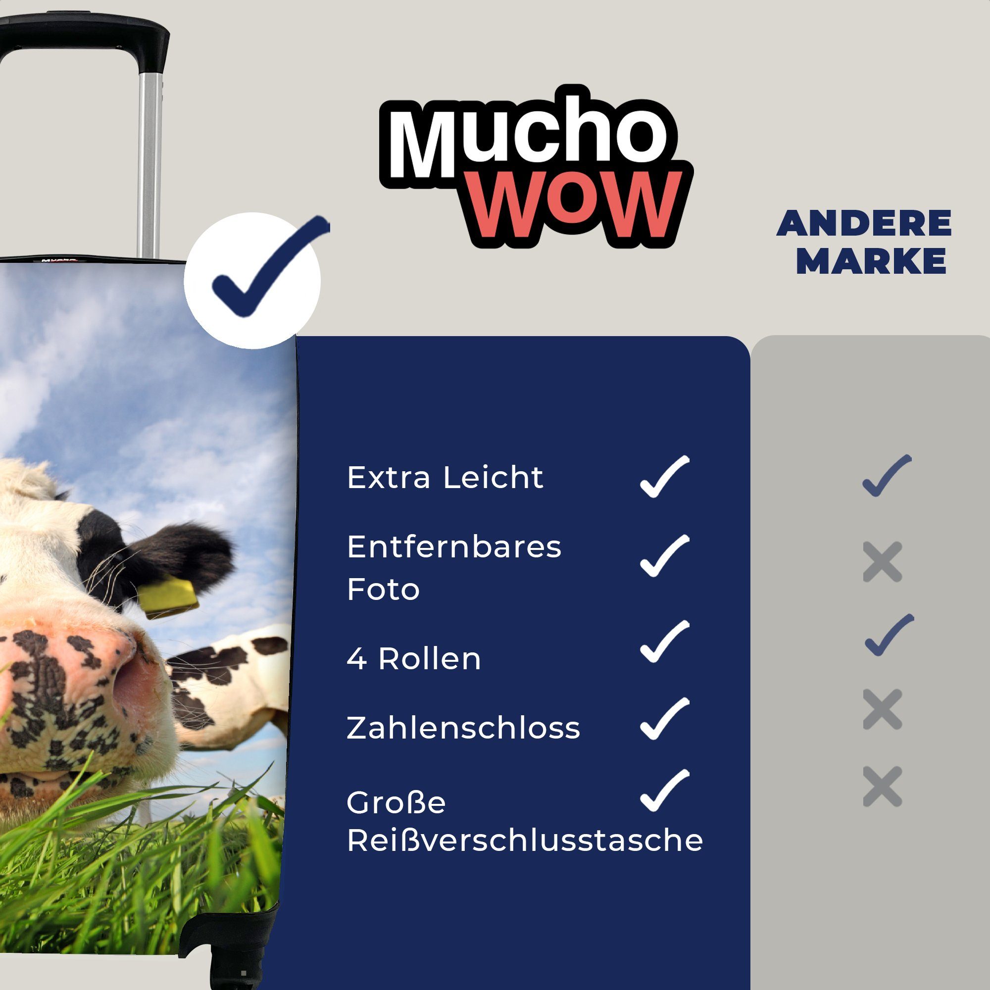 MuchoWow Handgepäckkoffer Kuh - rollen, Bauernhof Gras Reisekoffer 4 Reisetasche Ferien, - Tiere, Trolley, - mit Rollen, für Handgepäck