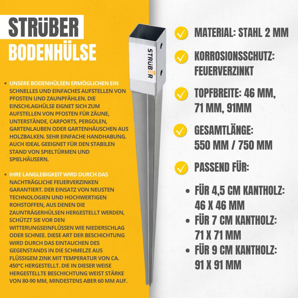 STRÜBER Einschlagbodenhülse Einschlagbodenhülse Feuerverzinkt Pfostenträger, Zäune, Carports, Pergolen, Gartenlauben, Spieltürme