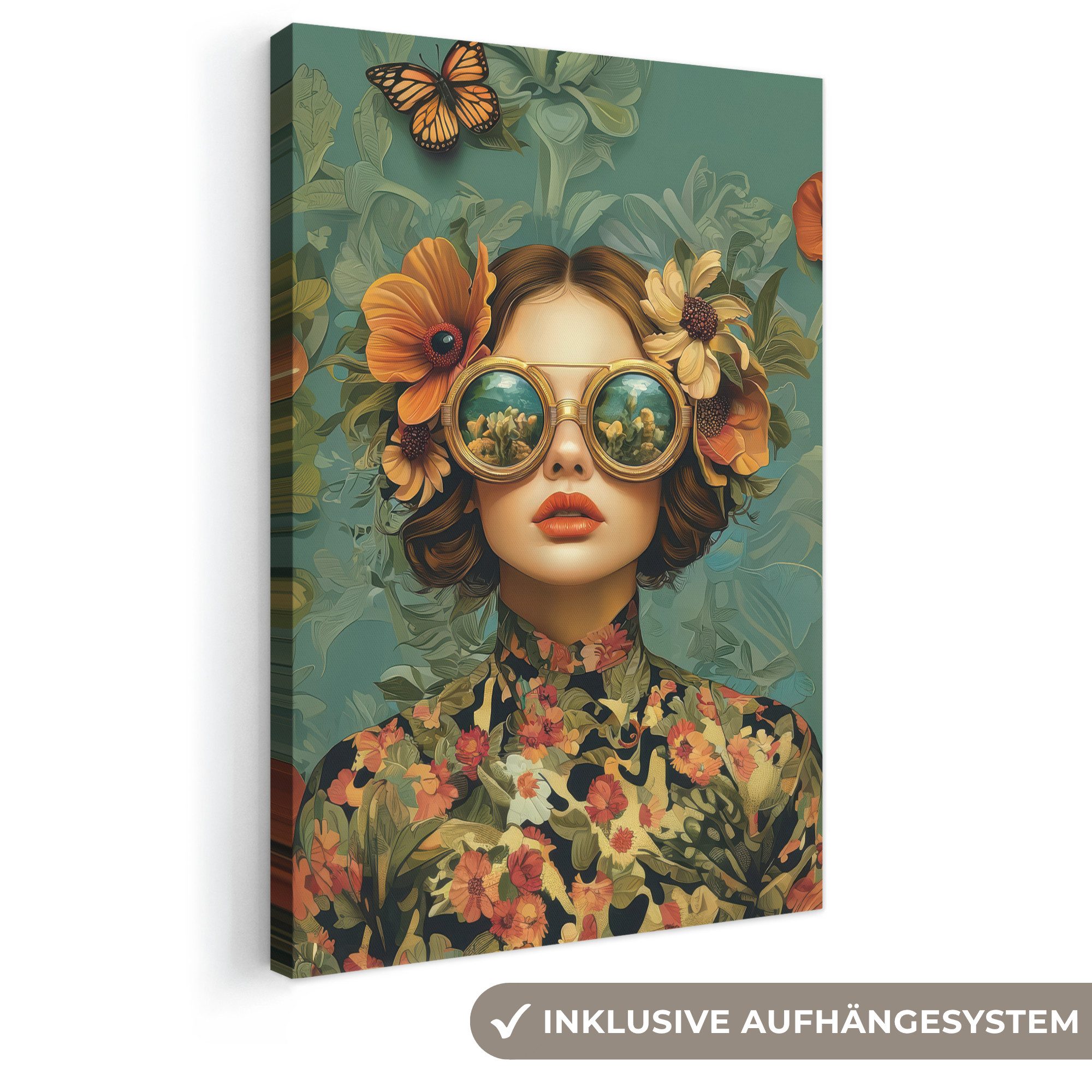 OneMillionCanvasses® Leinwandbild Frau - Blumen - Schmetterlinge - Natur - Vintage, Fotodruck (1 St), Leinwand Canvas Wandbild, Wanddekoration 20x30 cm