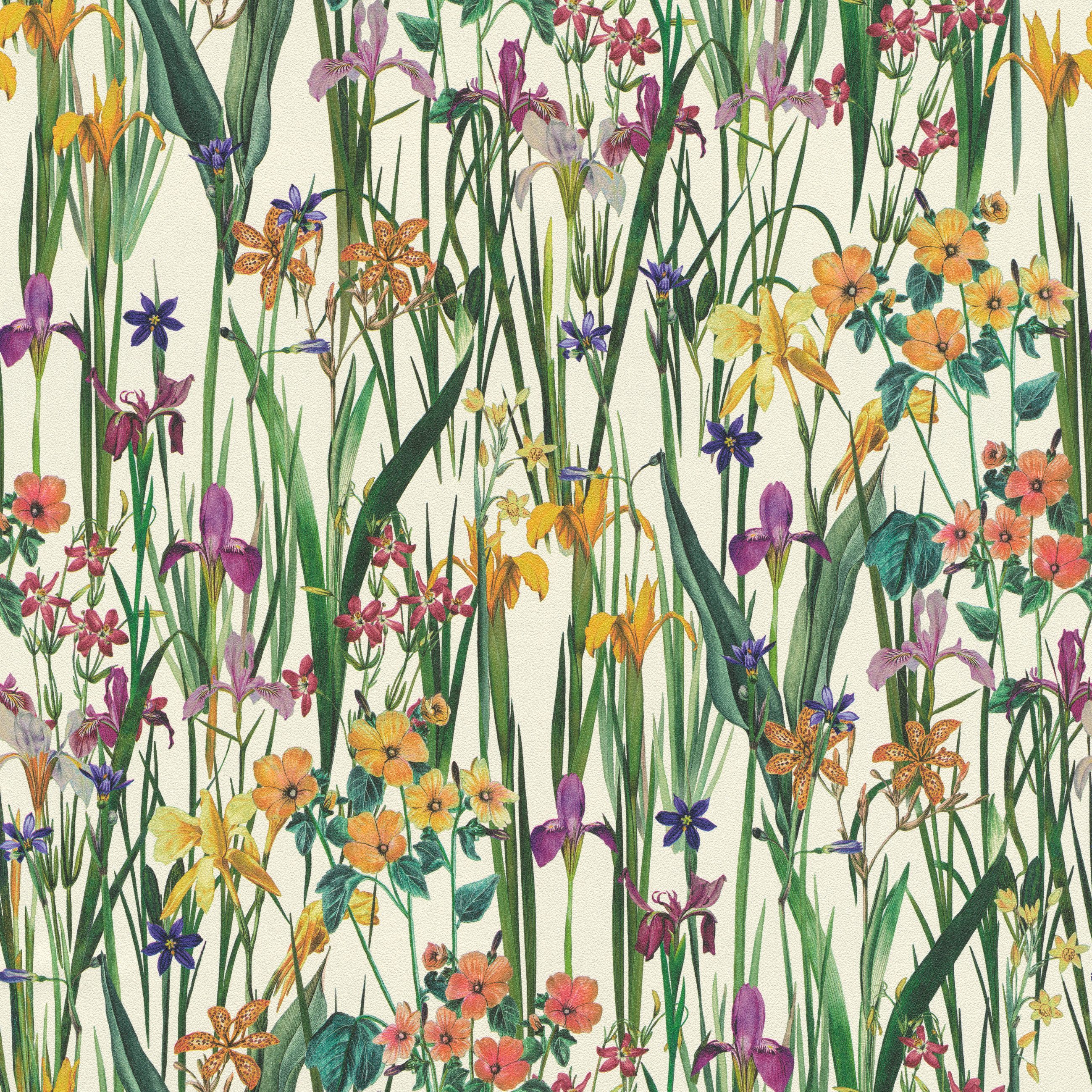 Rasch Vliestapete Blumenwiese - Vinyltapete Blau, strukturiert, floral, bedruckt, farbenfroh, detailreich, (1 Rolle, 1 St., Kollektion #followusaround - 10,05 m x 0,53 m), Lichtbeständige Farben, Feucht Abwischbar, Müheloses Tapezieren