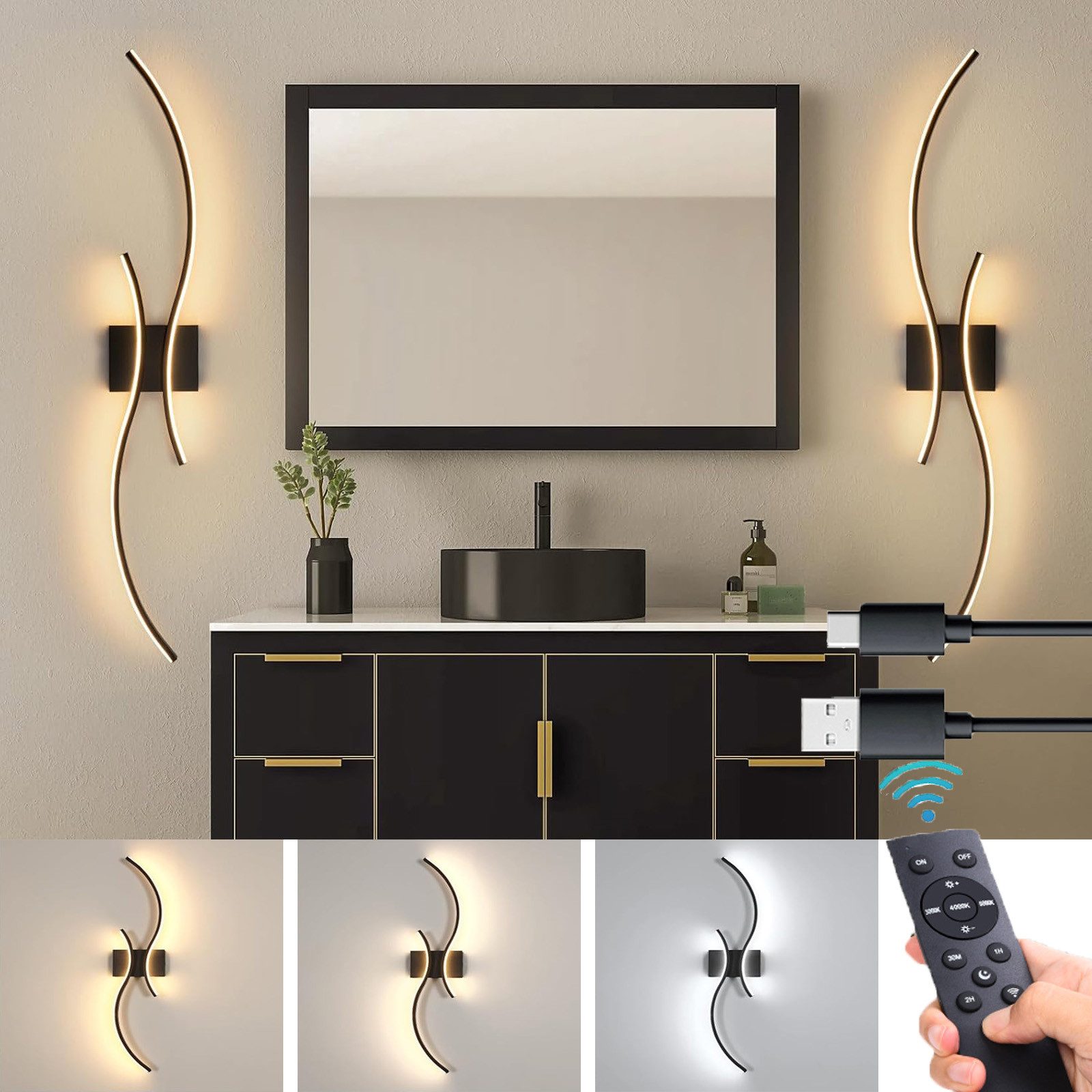 MUPOO Spiegelleuchte LED Wandleuchte Innen Dimmbar,Moderne Schwarz Wandleuchte Kabellose, 2 Stück, 3000–6000K, LED fest integriert, 100CM Lang Doppelbogen-Lampenkörper mit Fernbedienung und Kabel USB-C