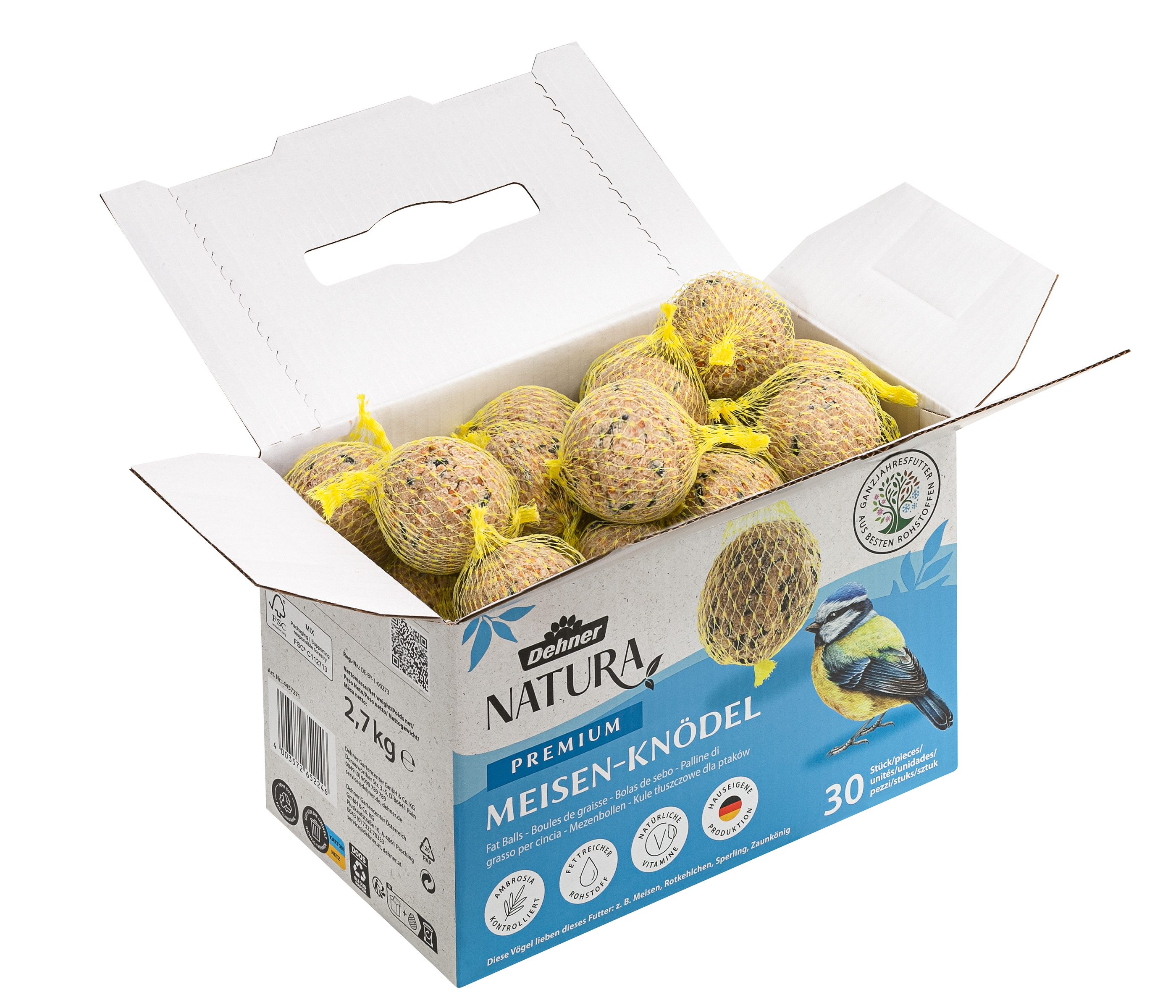 Dehner Natura Große Meisenknödel, mit Netz, 30 Stück je 90 Gramm (2.7 kg), Hauptfutter für: Wildvogel, Gartenvögel, im Karton, hochwertiges Wildvogelfutter zur ganzjährigen Fütterung