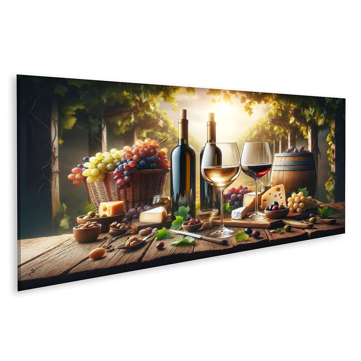 Leinwandbild Stilleben mit Weinprobe - Gläser und Flaschen auf Holztisch, Fass und