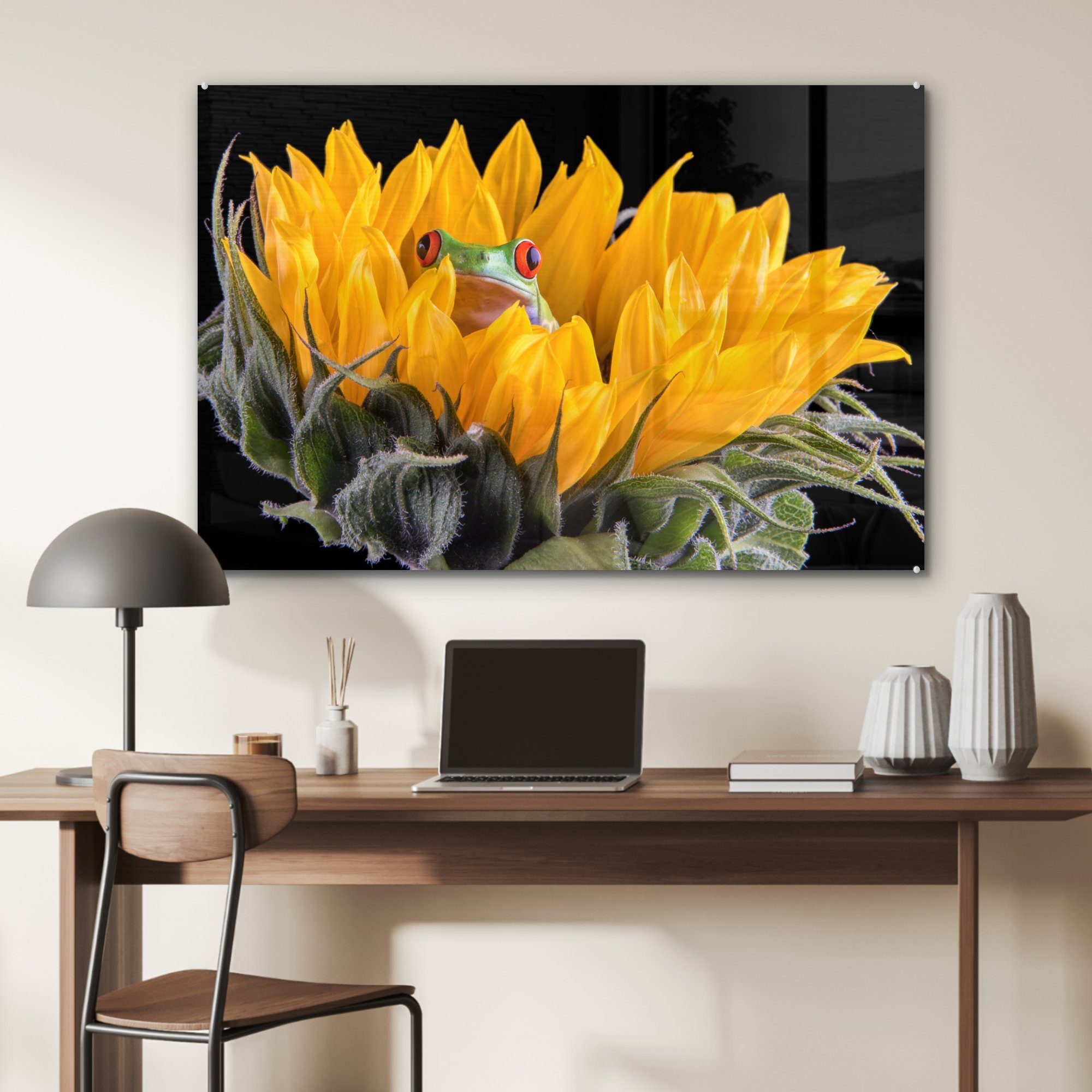 St), Acrylglasbild (1 & Frosch MuchoWow - Acrylglasbilder Reptil, Schlafzimmer - Wohnzimmer Sonnenblume