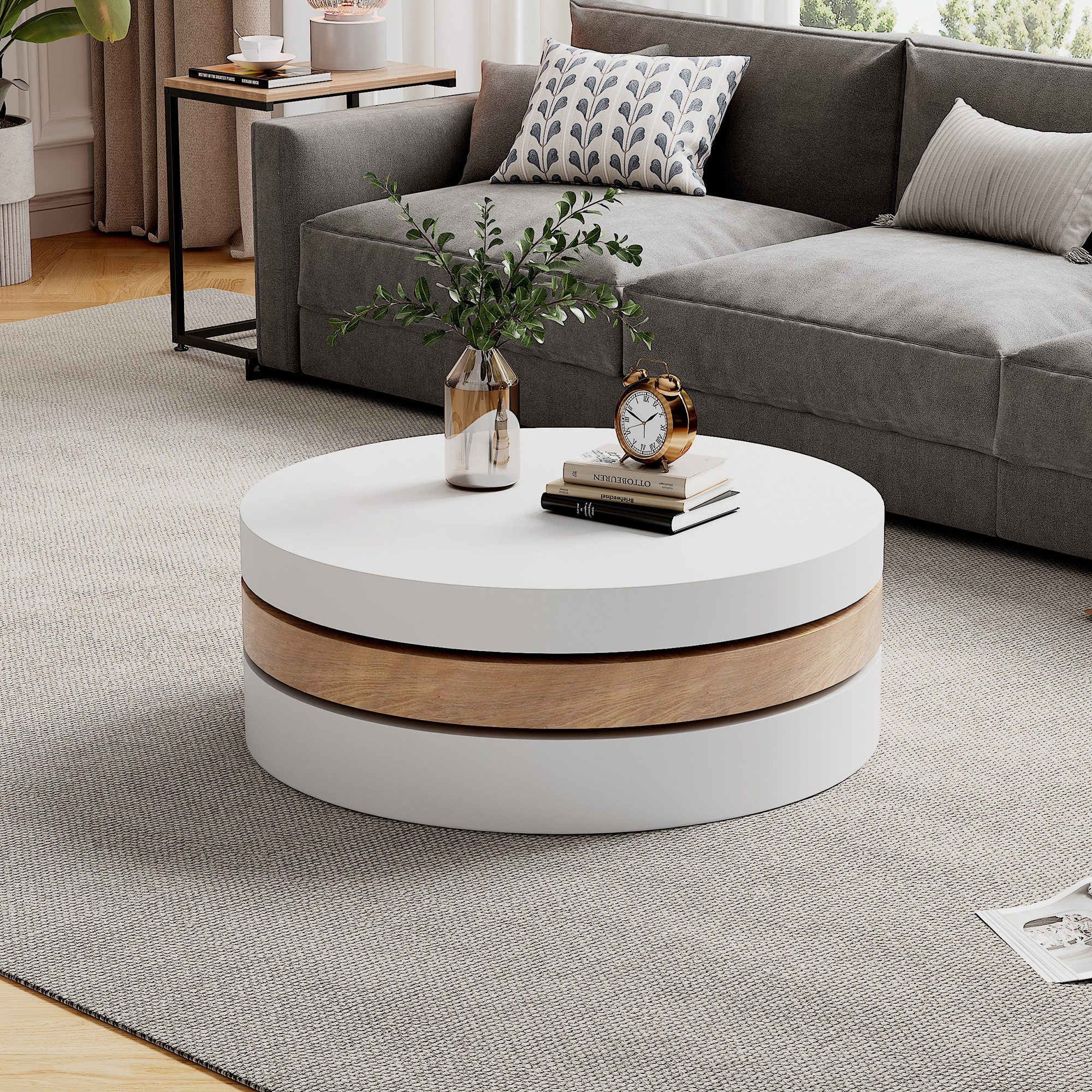 SeedWave Couchtisch 3-Ebenen Sofatisch in Zylinderform mit 360° Drehbarer Tischplatte, Runder Wohnzimmertisch mit 60cm - 80cm Durchmesser, Stauraum