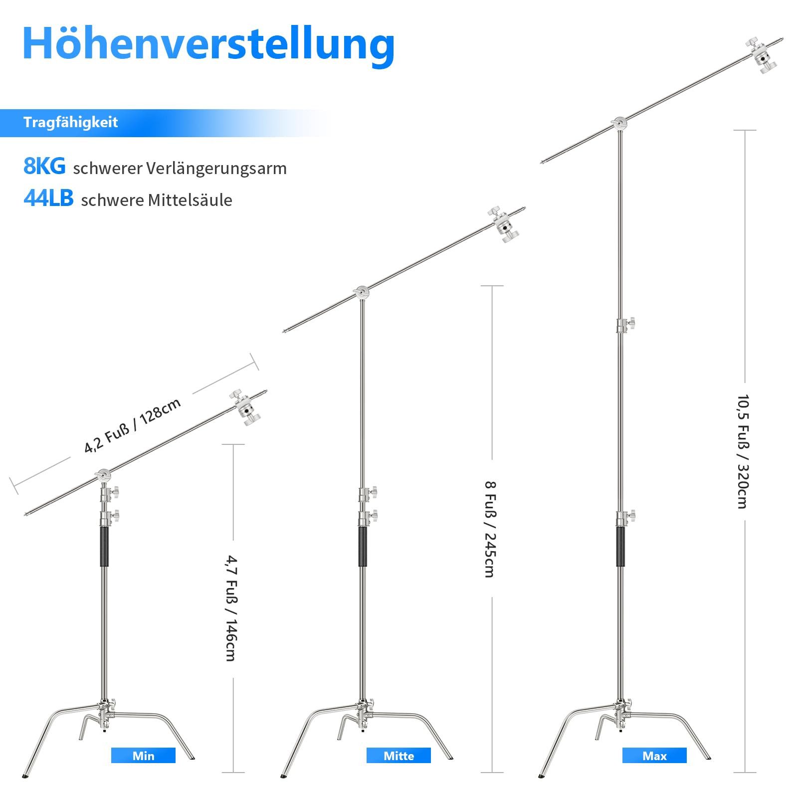 Neewer SC320 Pro Hochleistungs C Ständer aus 100% Edelstahl, mit Auslegerarm Lampenstativ (Höhenverstellbar 146-320 cm, Lichtstativ für Studio Softbox Reflektor)