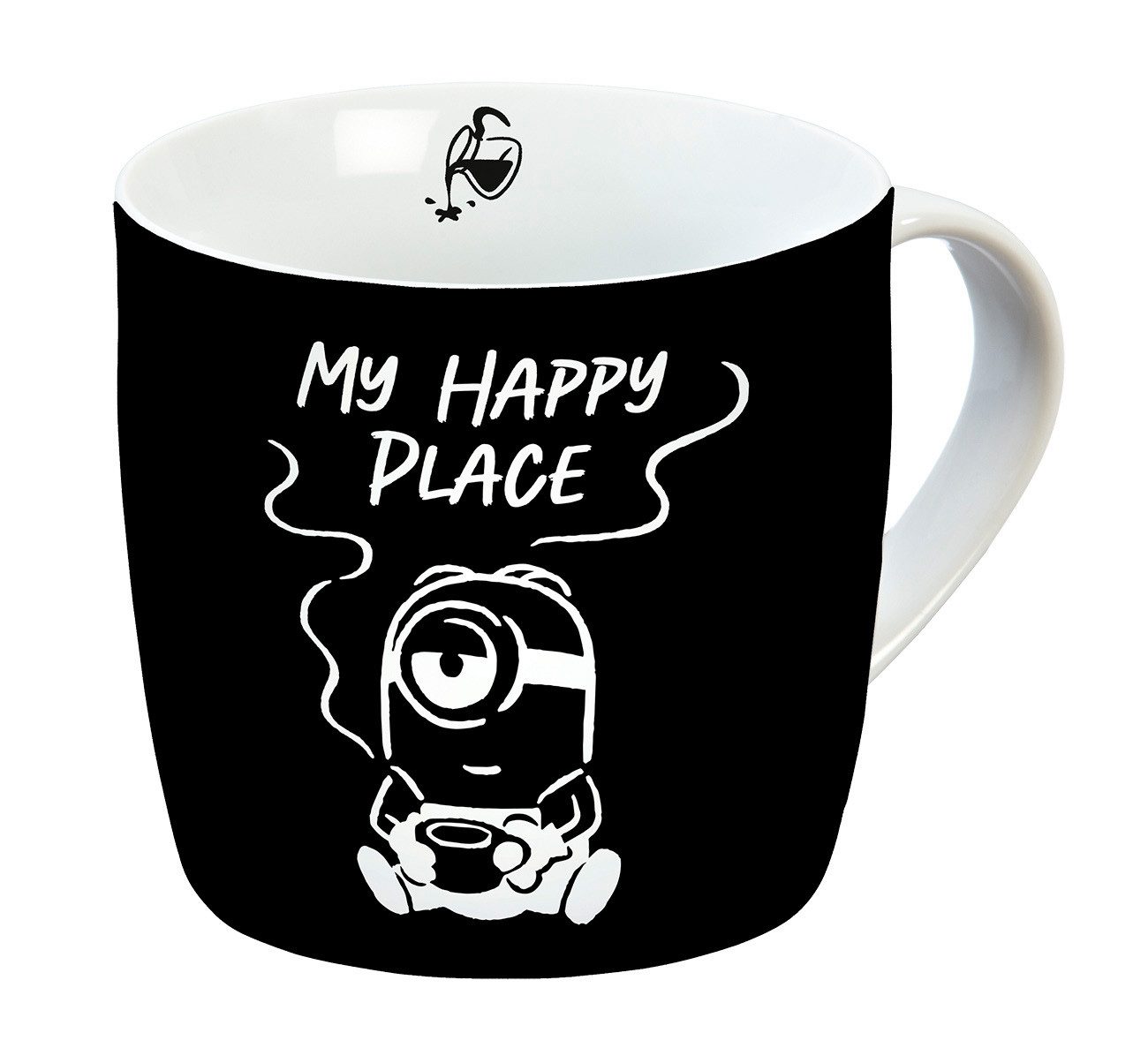 Geda Labels GmbH Tasse Minions Bellocoffee Happy Place, 1-tlg., Porzellan, Schwarz, 330 ml, spülmaschinengeeignet